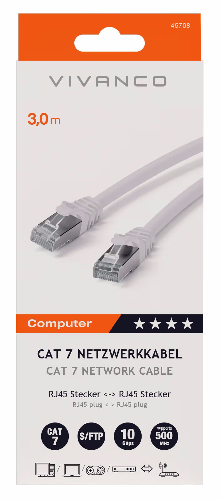 Vivanco CAT 7, 3.0m CAT 7 Netzwerkkabel, Twisted Pair, S/FTP, 3m – PC Kabel/PC Adapter