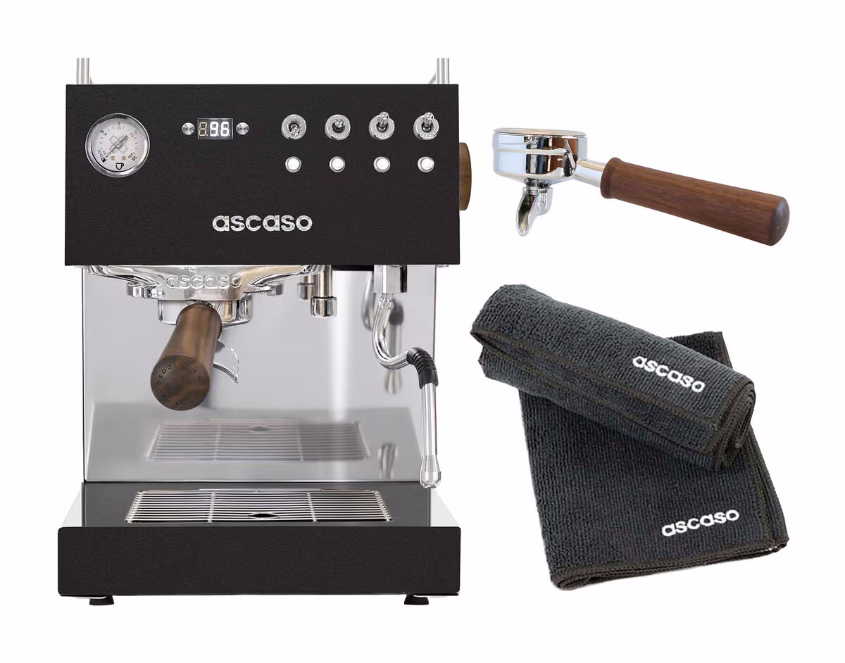 Ascaso STEEL DUO PID V3 black&wood Siebträgermaschine mit Siebträgerhalter 58mm (1er) und Reinigungstuch – Siebträgermaschine/Espressomaschine –