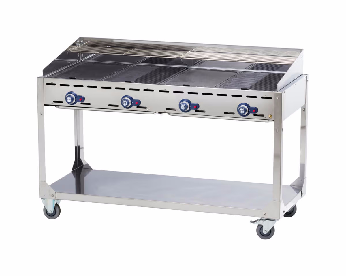 Hendi Gastro-Grill Gas Green Fire 4 Brenner mit Rollgestell Gastro-Gas Grill – Gastro Grill/Griddleplatte – hellgrau