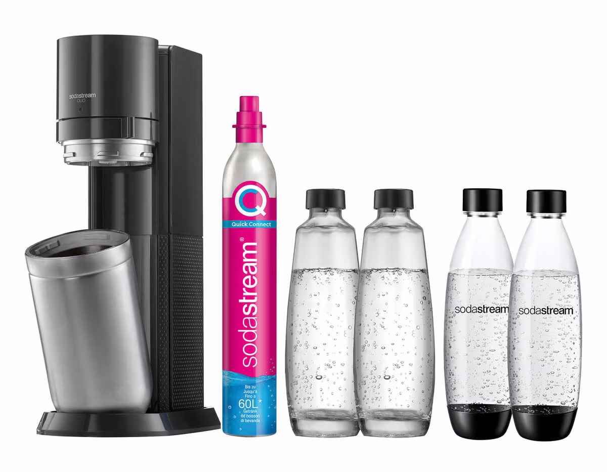 Sodastream DUO schwarz Mega Pack XL inkl. 60 L CQC Zylinder, 2 x 1 L Glaskaraffe & 2 x 1 L Fuse Flasche Trinkwassersprudler