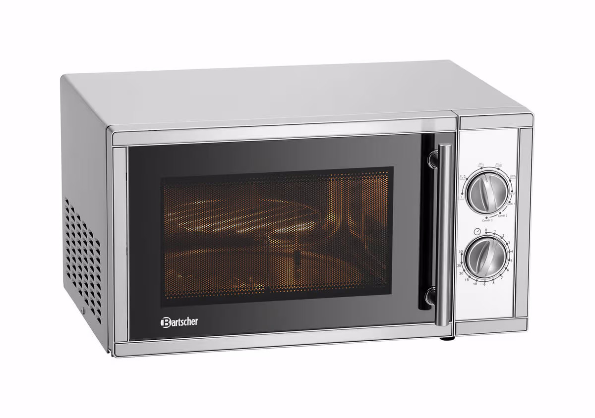 Bartscher Mikrowellengerät mit Grill 23L, 900W Gastro Mikrowelle – Gastro Backofen/Gastro Kochfeld/Gastro Mikrowelle – chrom
