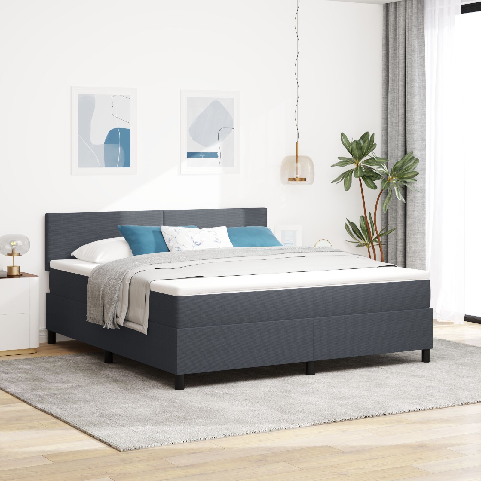 Box Spring Seng med Madras Mørkegrå Super King Corduroy Stof