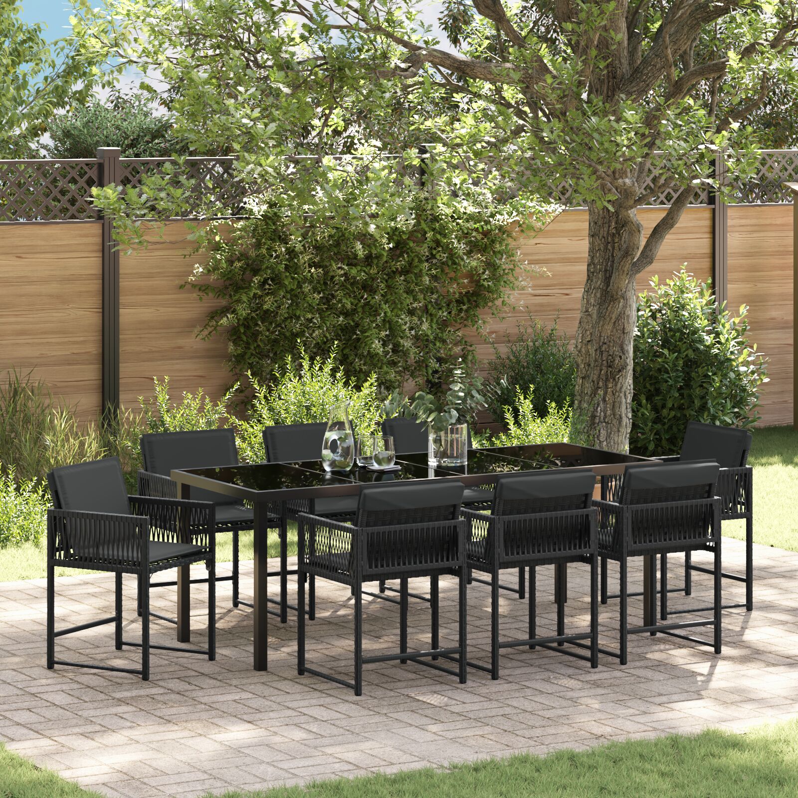 Conjunto de Jantar de Jardim  com Almofadas Preto Rattan Poliéster