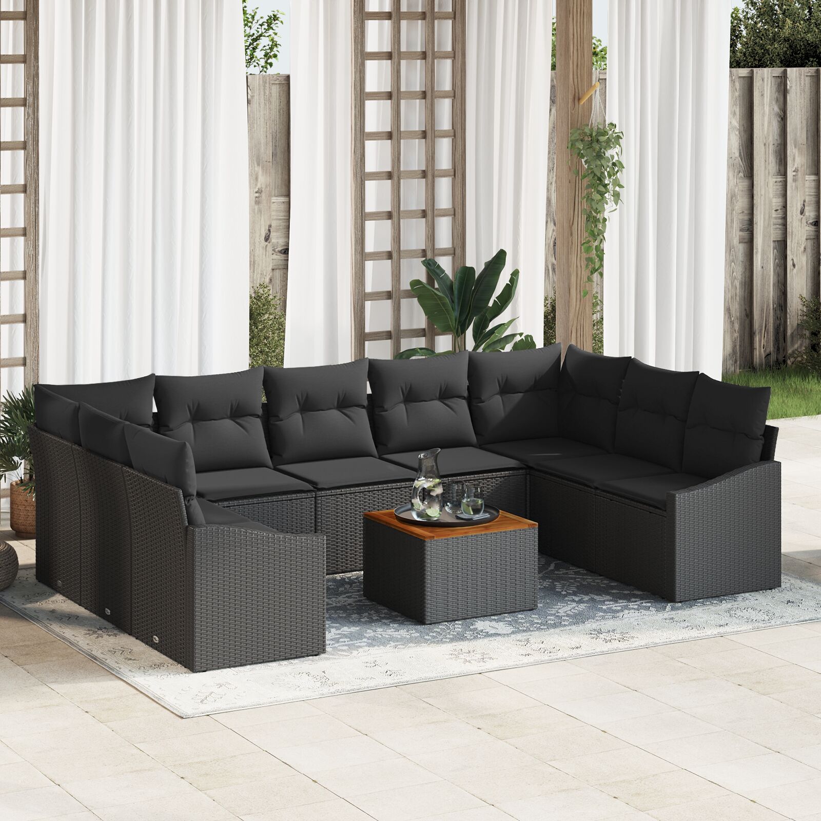 vidaXL 10-delige Tuin Sofa Set met Kussens Zwart Poly Rattan Acacia