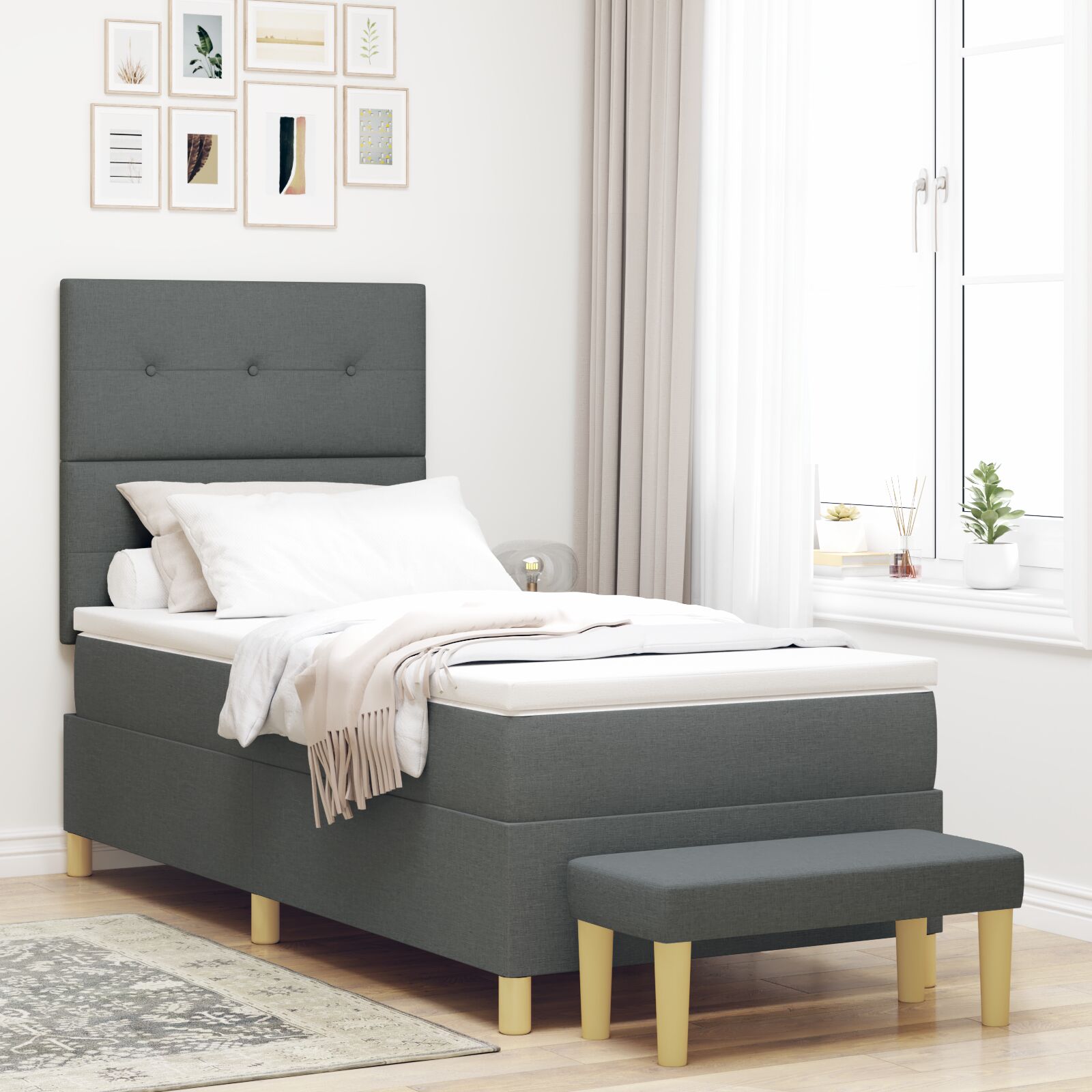 vidaXL Boxspringbett mit Matratze und Bank Dunkelgrau 90x200 cm Stoff