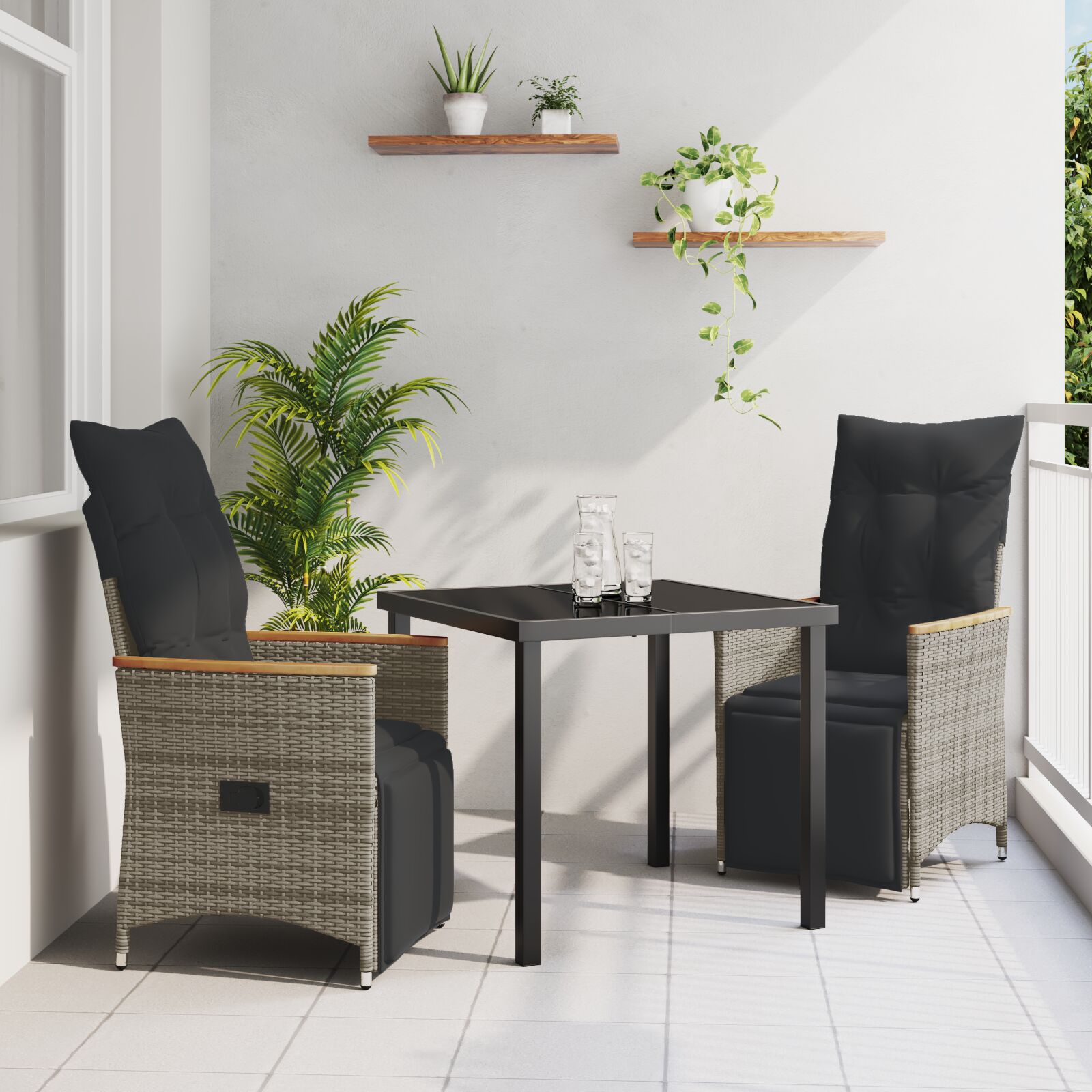 Conjunto de Jantar de Jardim  de 3 Peças com Almofadas Cinza Rattan Sintético