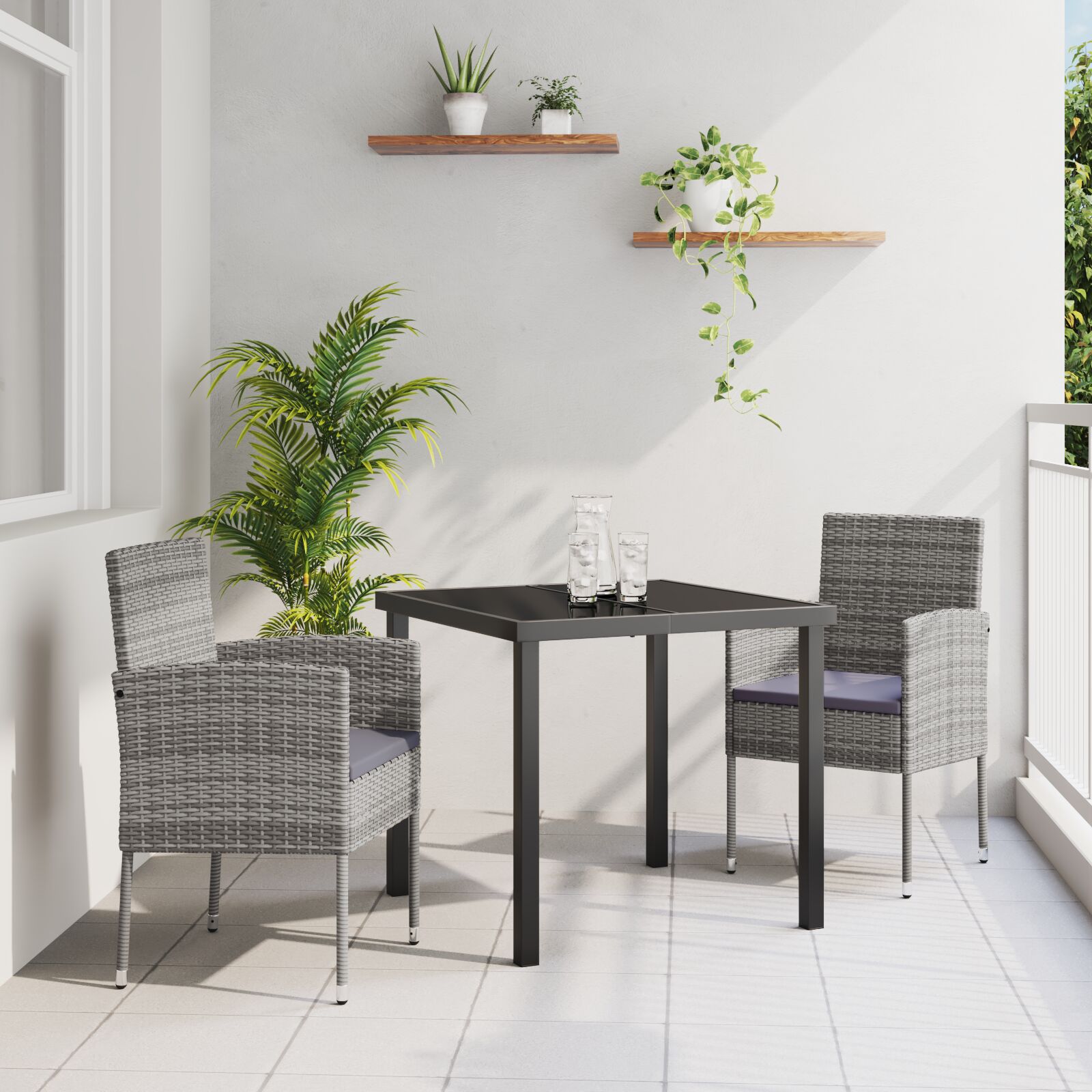 Conjunto de Jantar de Jardim  com Almofadas Cinzas Rattan Poliéster