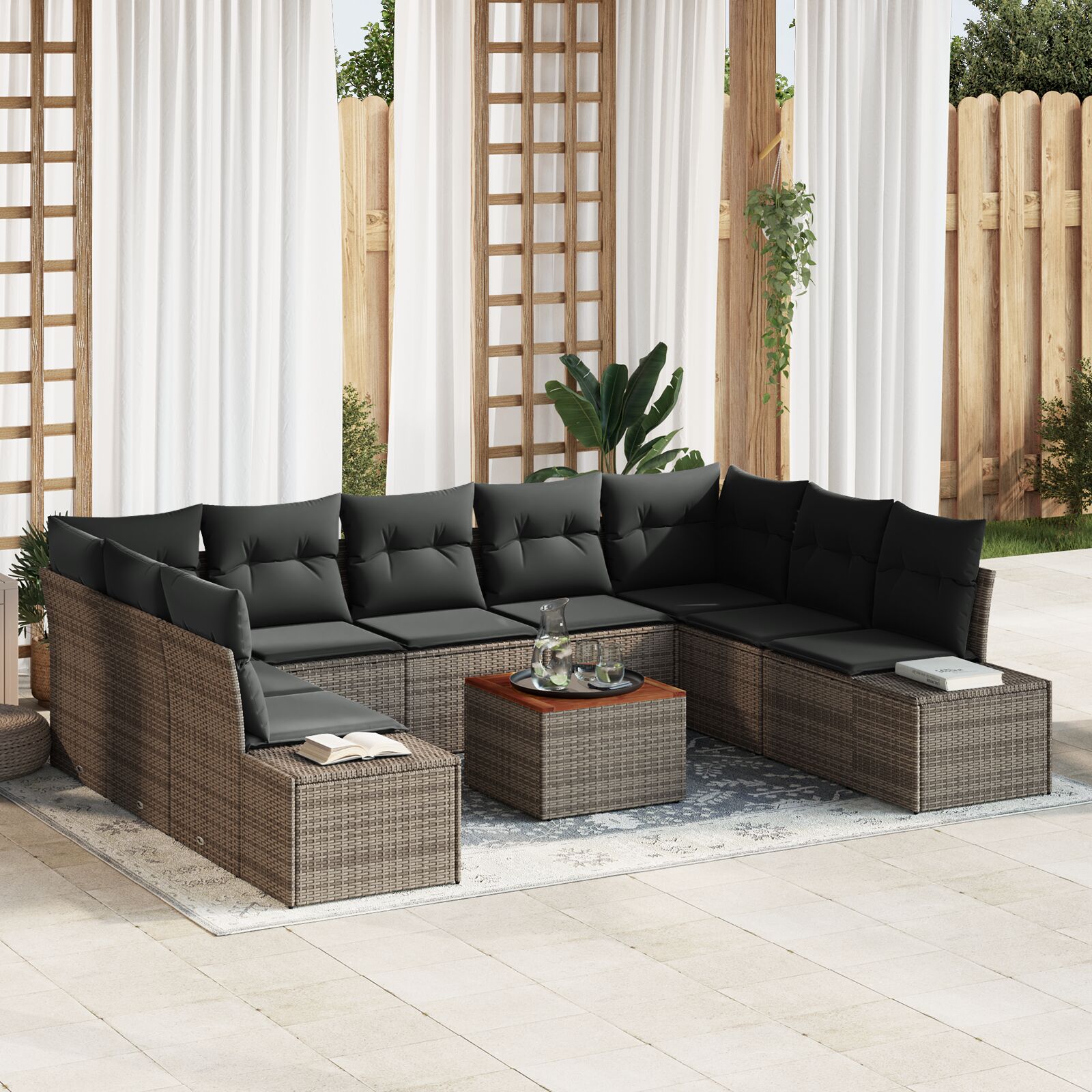 vidaXL 10-delige Tuin Sofa Set met Kussens Grijs Poly Riet Acacia