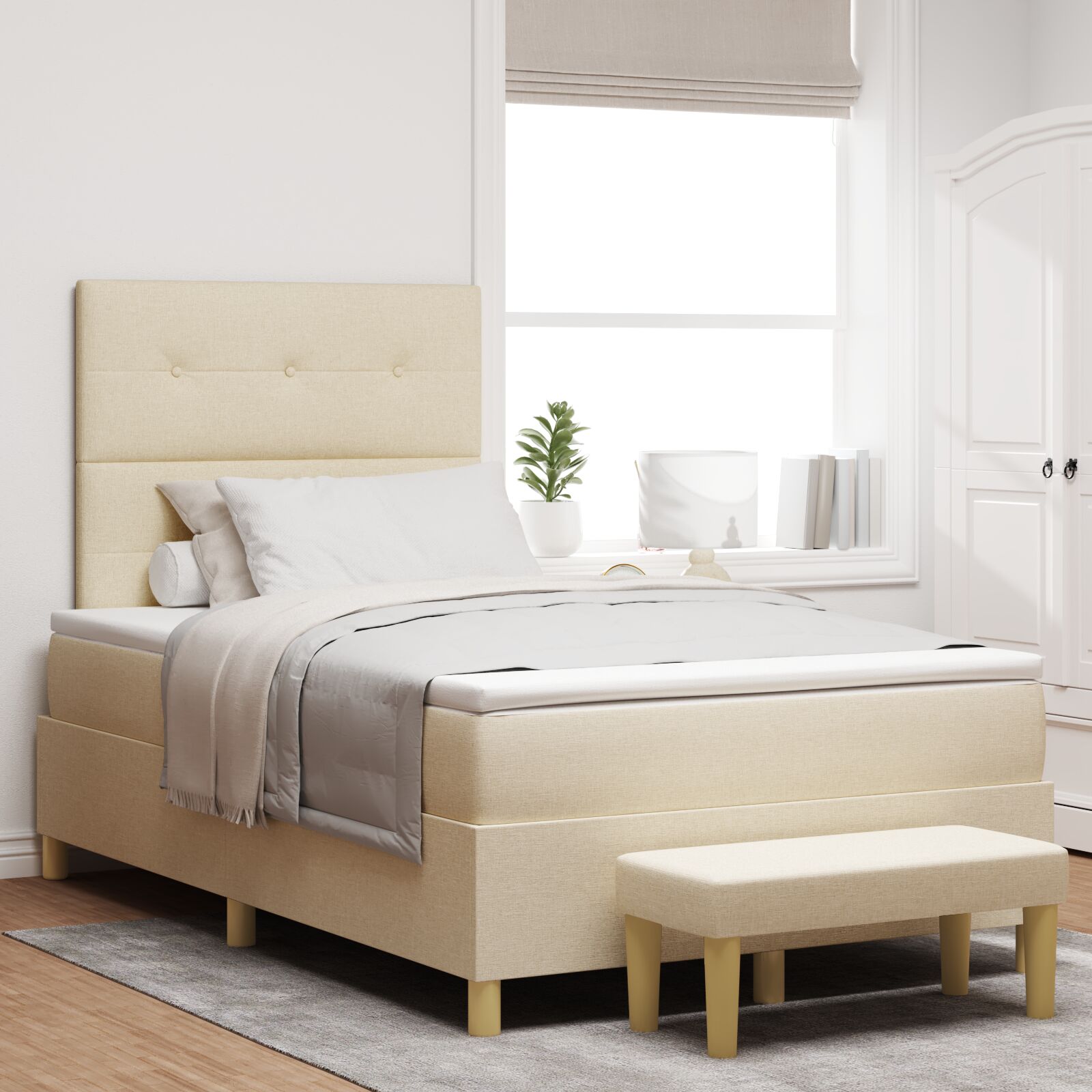 Boxspringbett mit Matratze und Bank Creme 120x200 cm Stoff