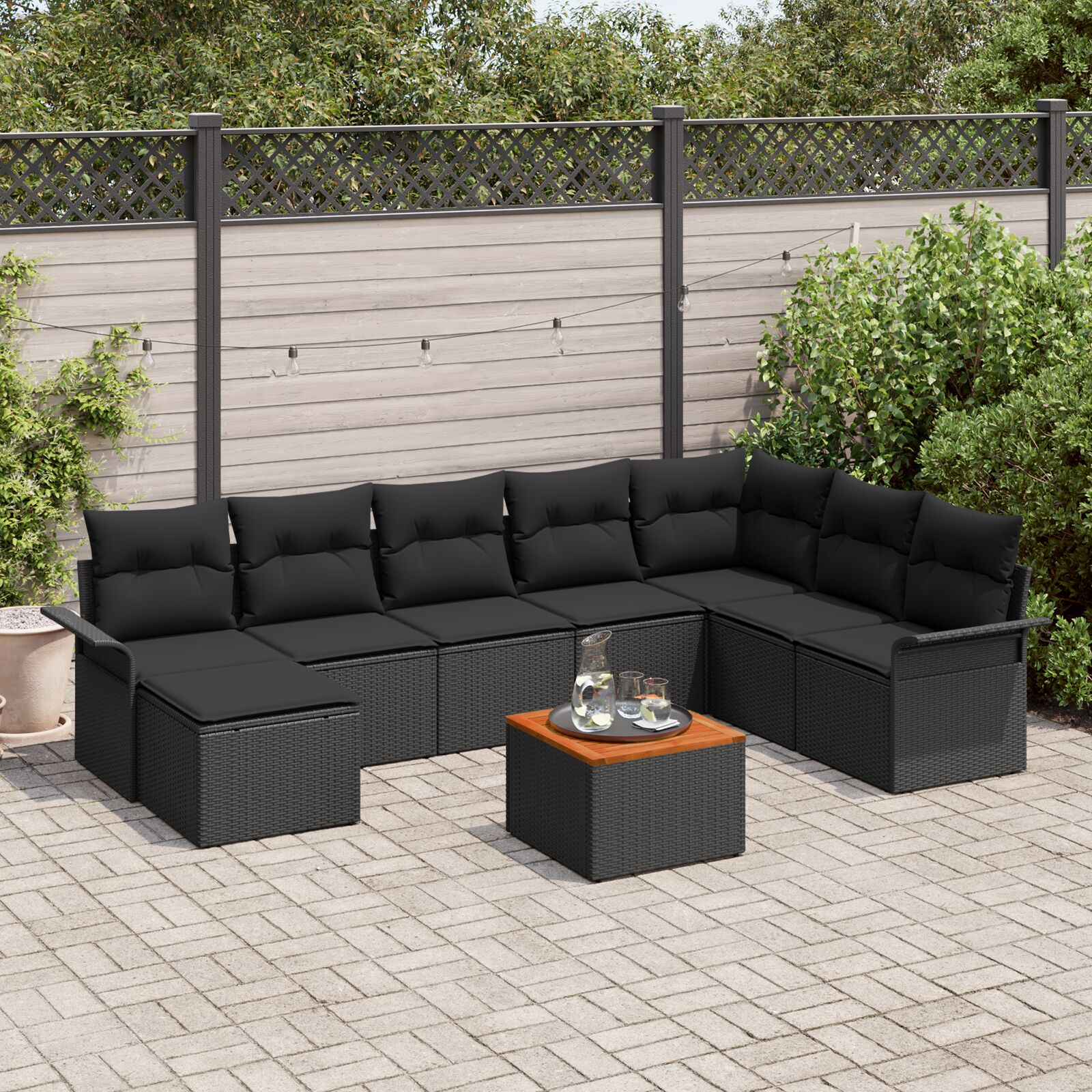 vidaXL Set od 9 Vrtnih Sofa S Jastucima Crna Poli Ratan Akacija