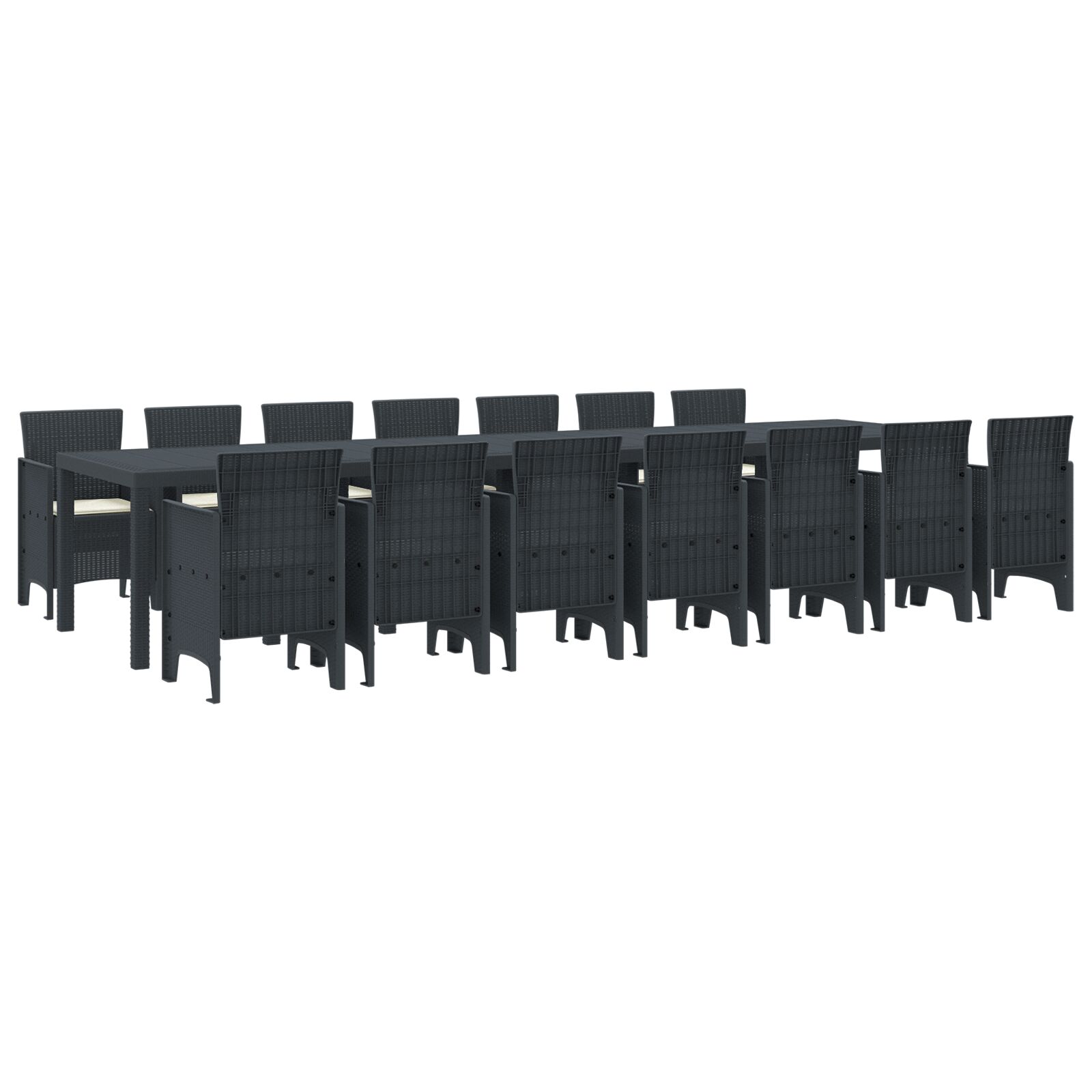 15 delt havemødesæt med puder antracit poly rattan, vidaXL havemødebord antracit 250x100x73 cm poly rattan, vidaXL havemødebord antracit 150x100x73 cm poly rattan, vidaXL havestole med puder 2 stk antracit poly rattan, vidaXL havestole med puder 4 stk antracit poly rattan