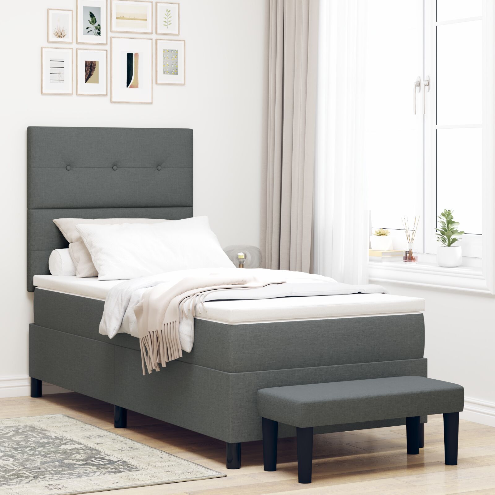 Boxspringbett mit Matratze & Bank Dunkelgrau 100x200 cm Stoff