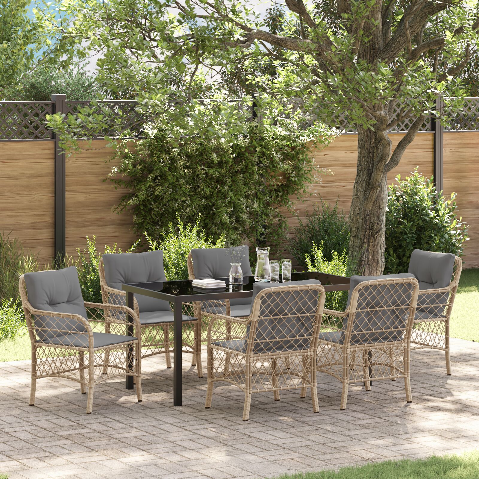 Conjunto de Jantar de Jardim  com Almofadas em Vime PE Bege