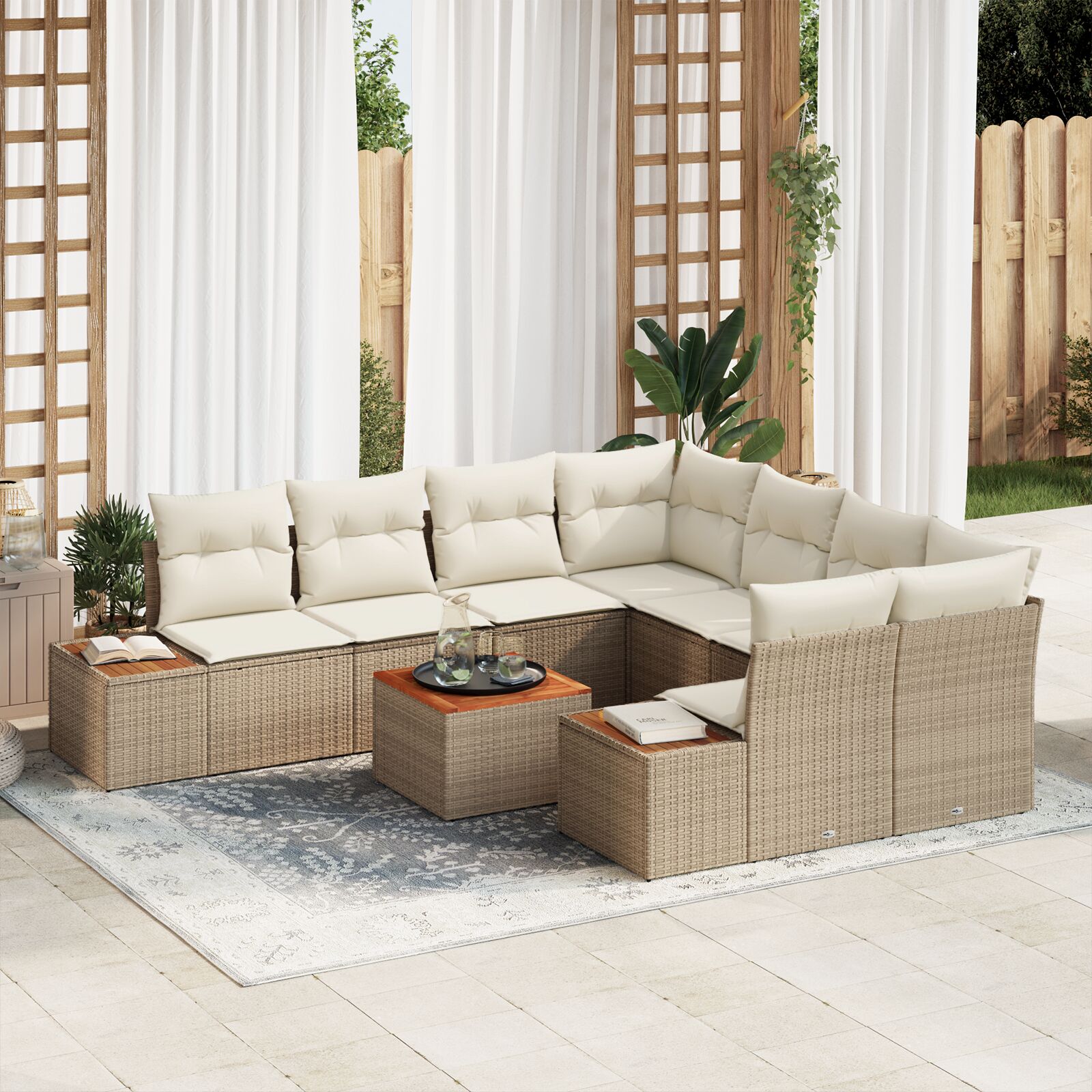 vidaXL set od 9 komada vrtnih sofa s jastučićima bež poli ratan akacija