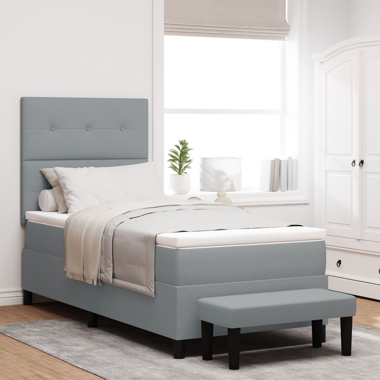 Box Spring Krevet s Madracem i Klupom Svijetlosivi 90x200 cm Tkanina