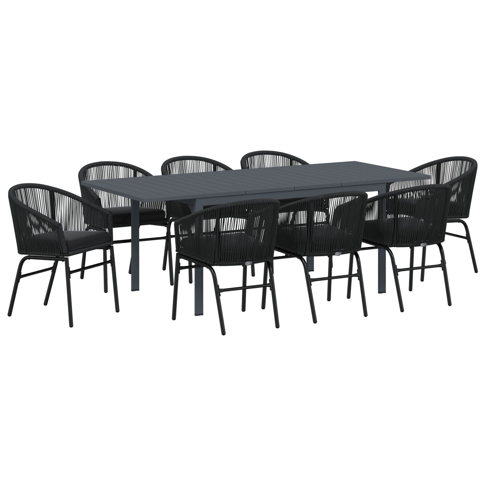 10 dele Have Spisebord Sæt med Puder Sort Poly Rattan, vidaXL Udendørs Bord (140-210)x90x73 cm Stål