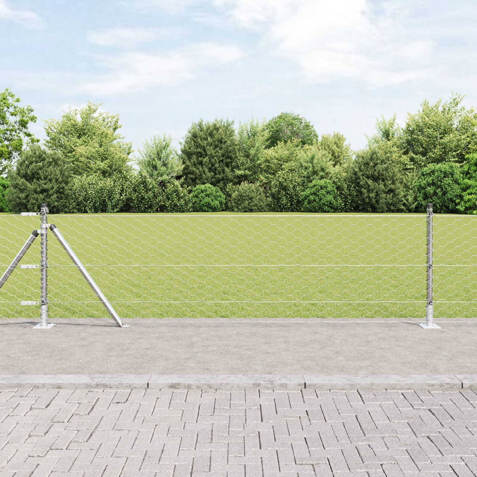 Hexagon Hegn 0.6x100 m Galvaniseret Stål, vidaXL Hegnspæle med baseplader 13 stk Ø32mm 70cm Galvaniseret Stål