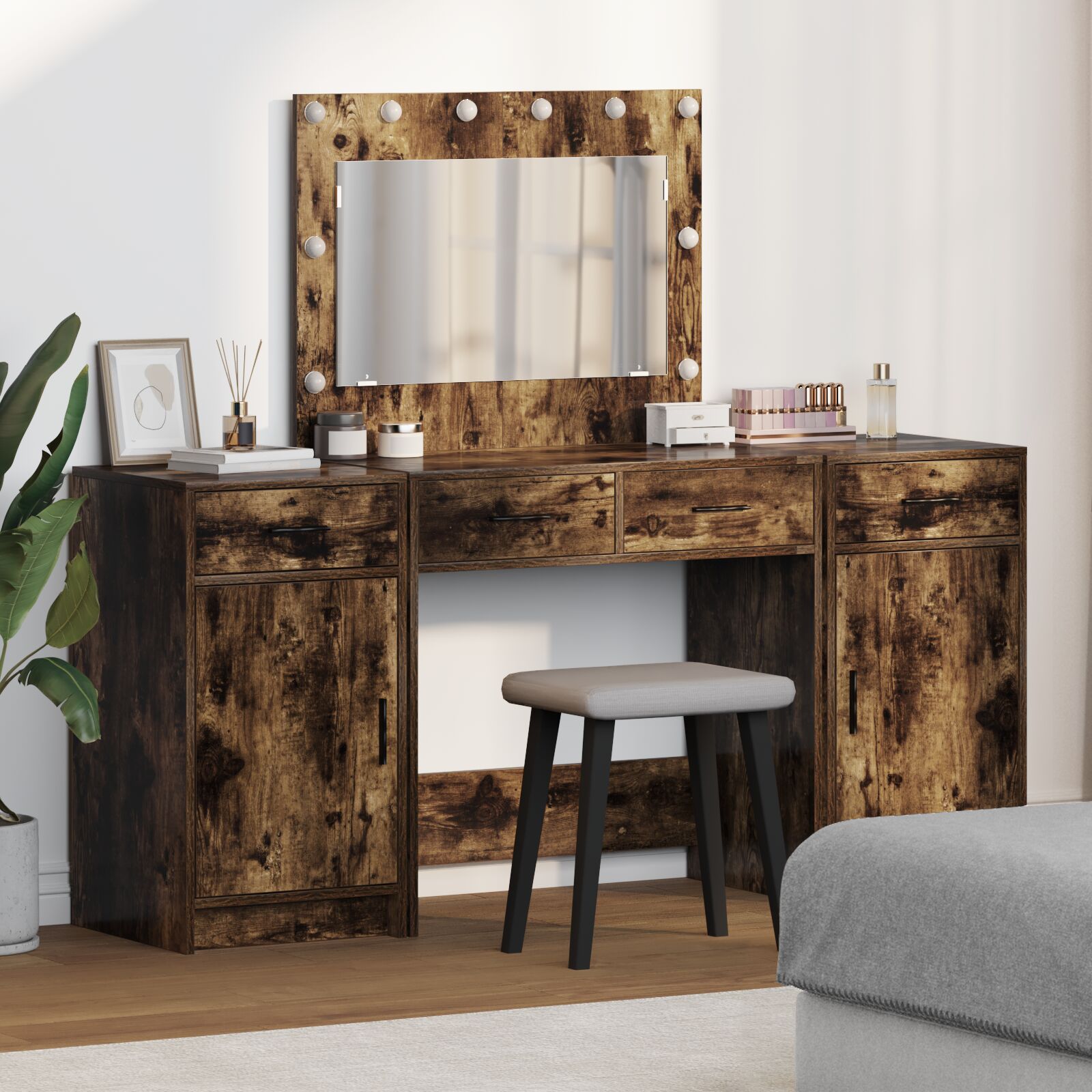 vidaXL Set aus 3 Geräucherte Eiche Werkstoff Standard Vanity Tisch