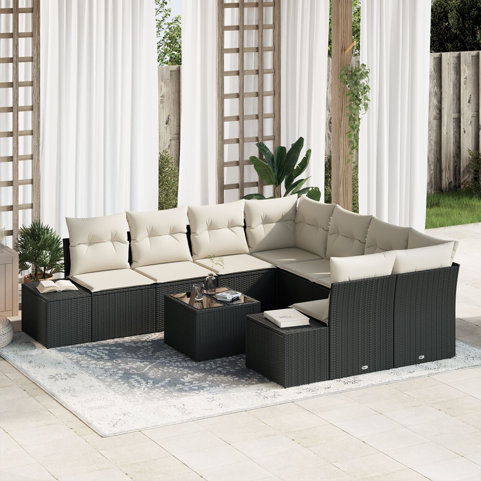 vidaXL 9-dijelni set vrtnih sofa s jastučićima Crni poli ratan