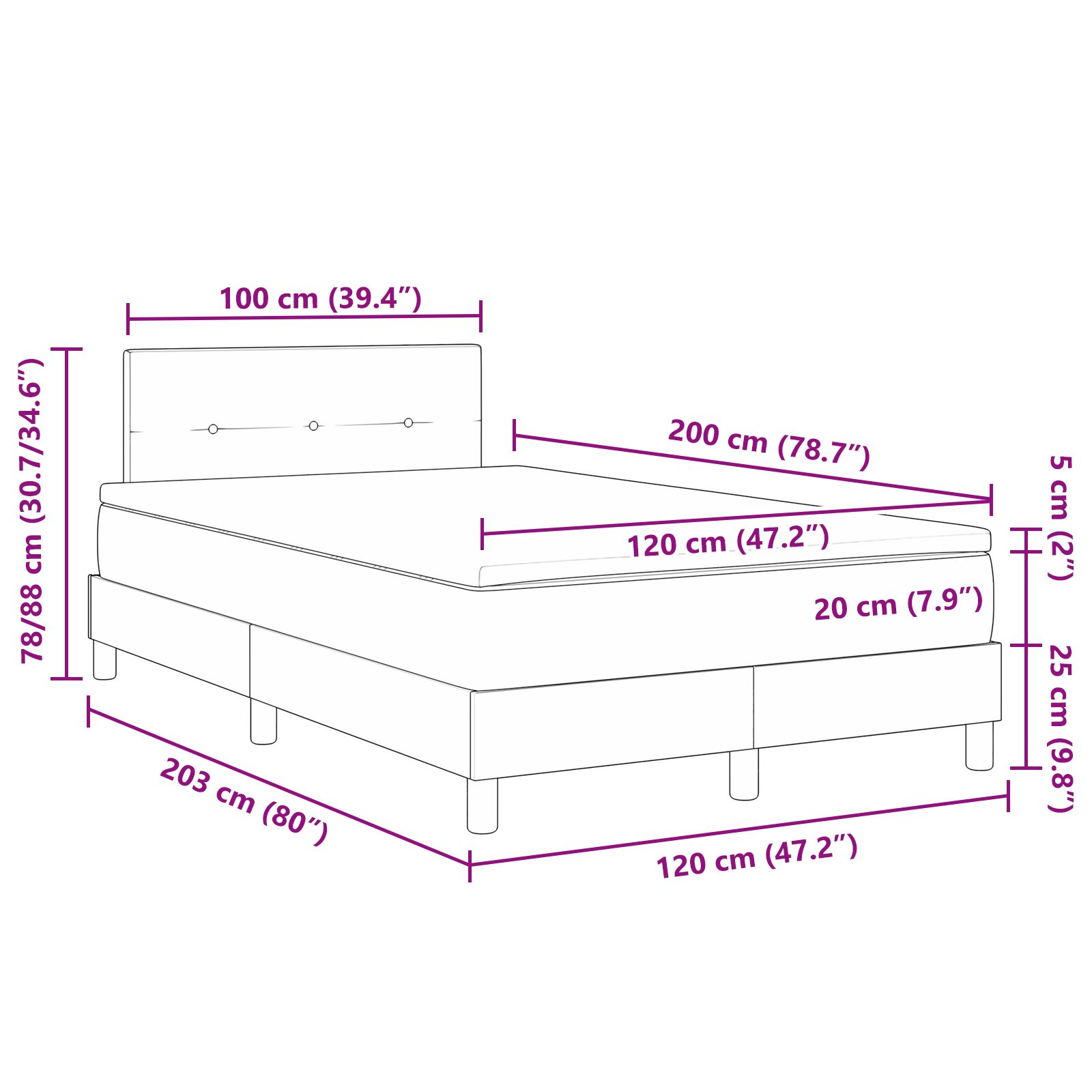 Boxspring Ágy Matrac Sötétben 120x200 cm Bársonyos 