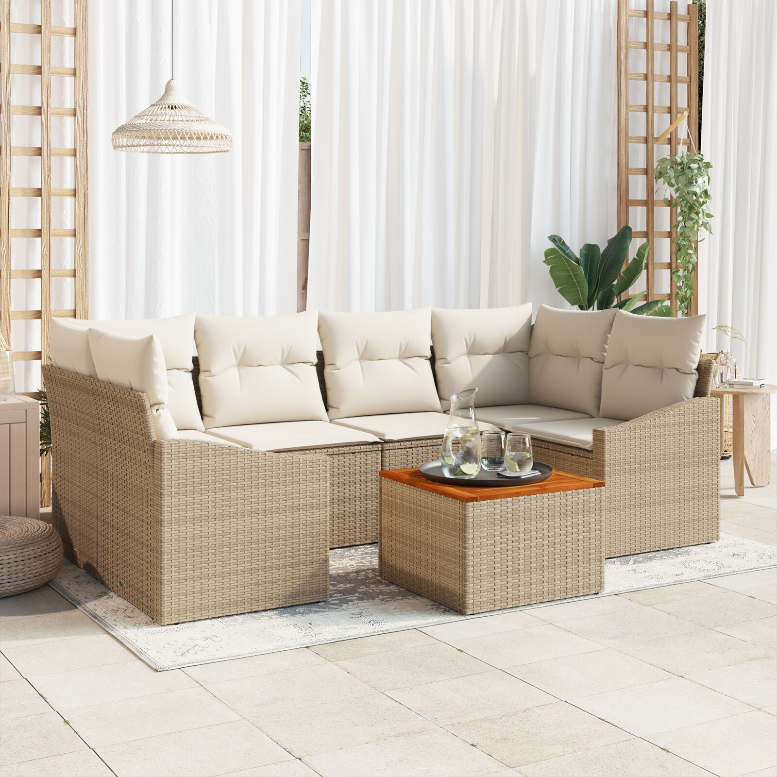 vidaXL set od 7 dijelova vrtnih sofa s jastučićima Bež Poli Ratan Akacija