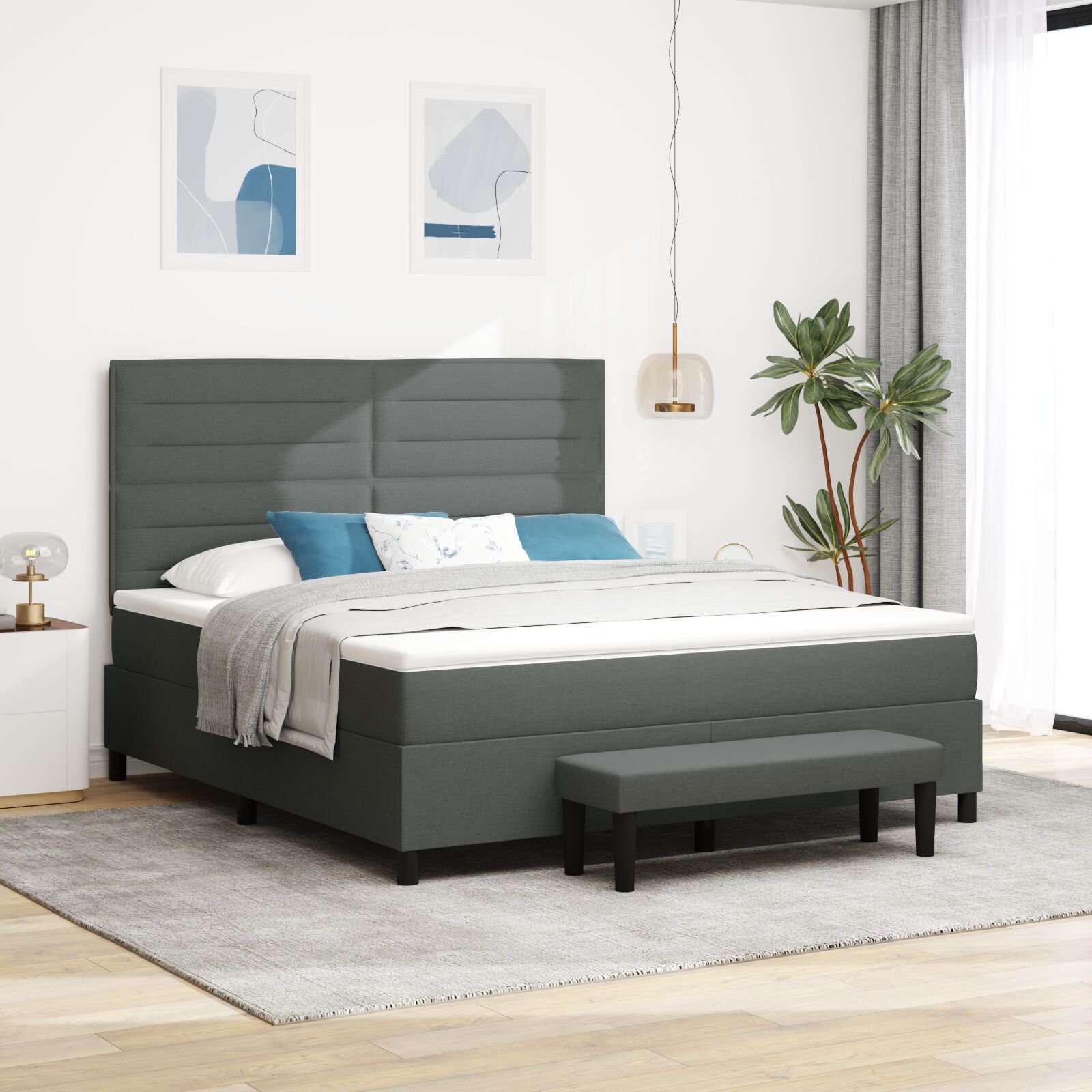 Box Spring Seng med Madras & Bænk Mørkegrå 180x200 cm Stof