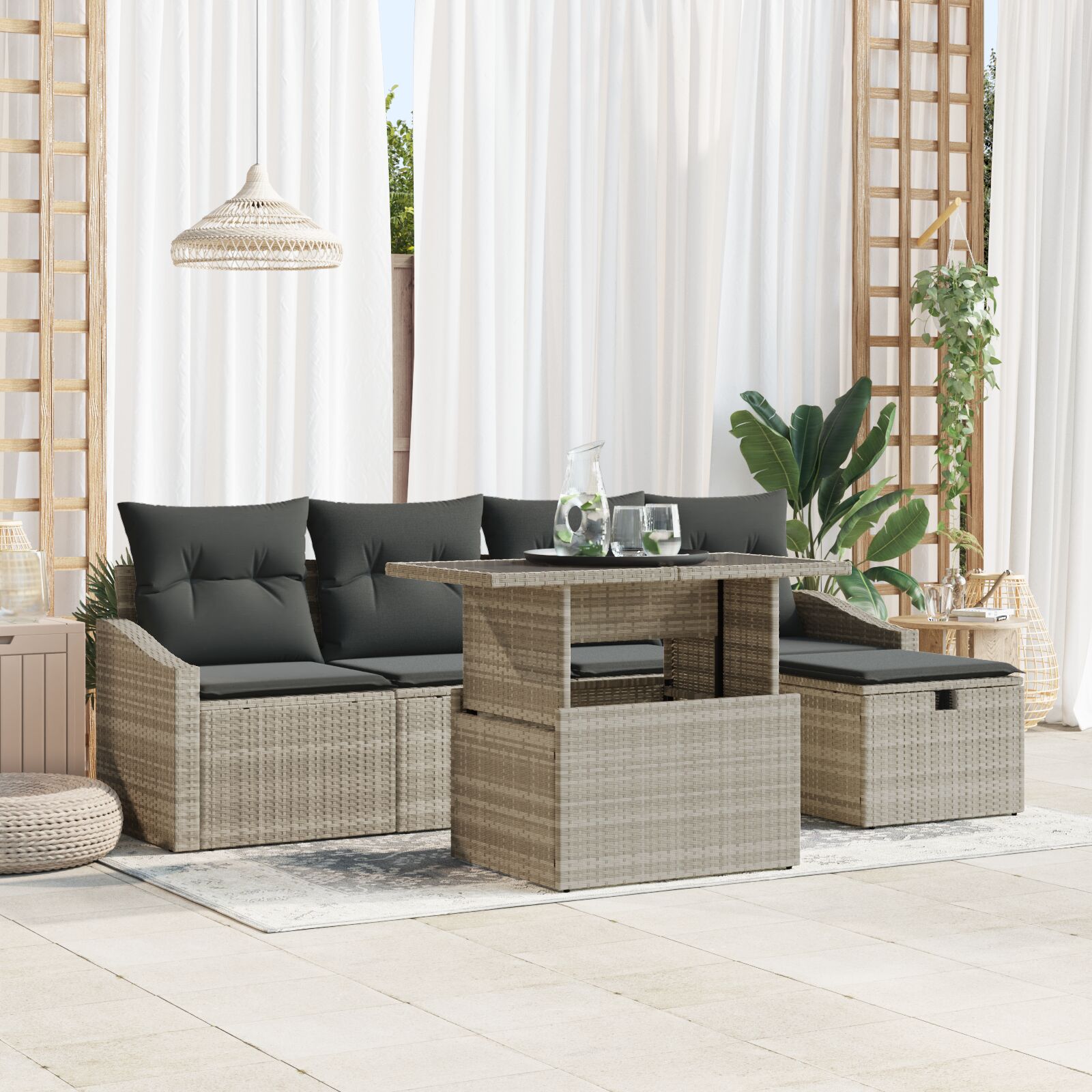 vidaXL 6-delige Tuinbankset met Kussens Lichtgrijs Poly Rattan