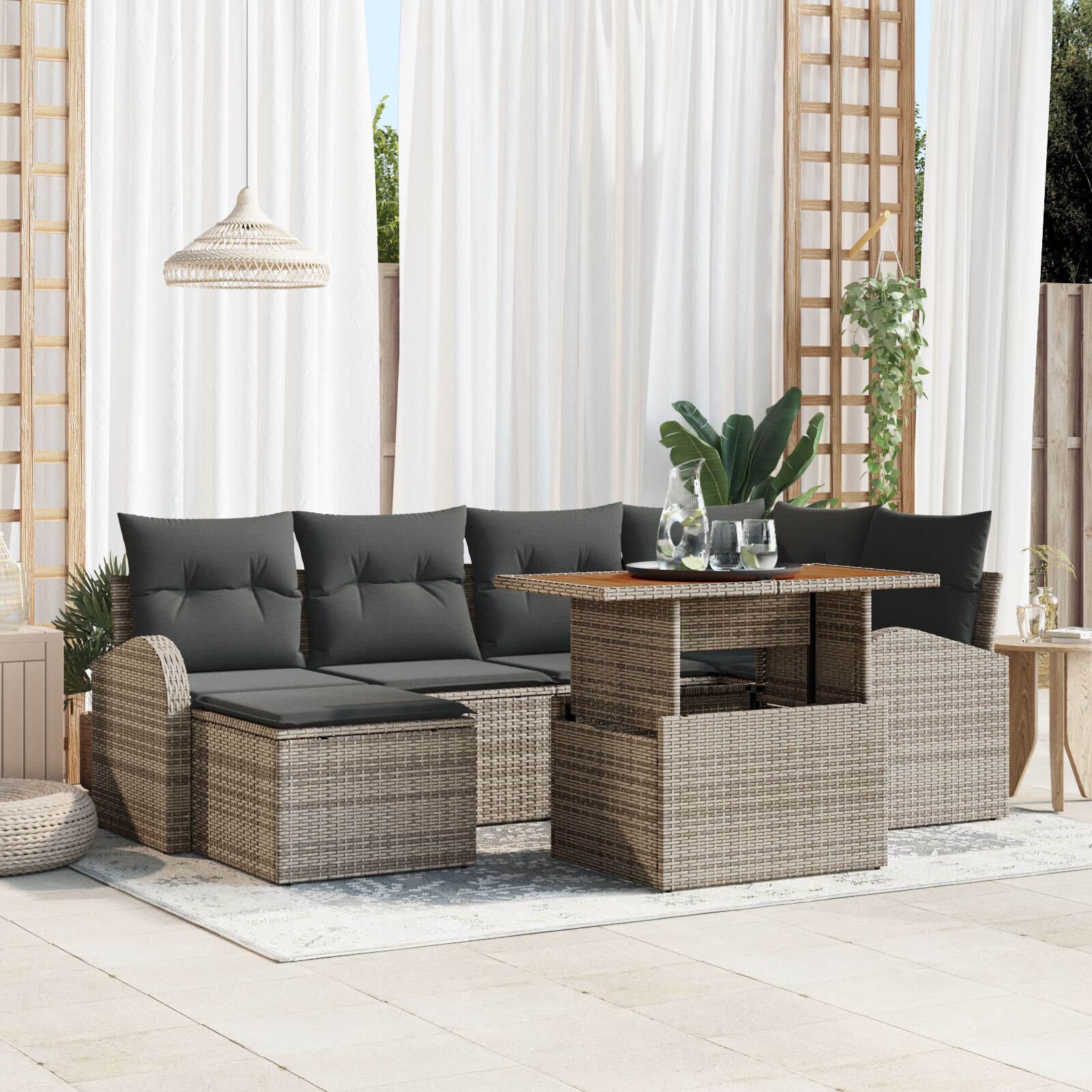 vidaXL Tuin Sofa Set Set van 7 Grijs Riet Tuin Sofa Rechthoekig