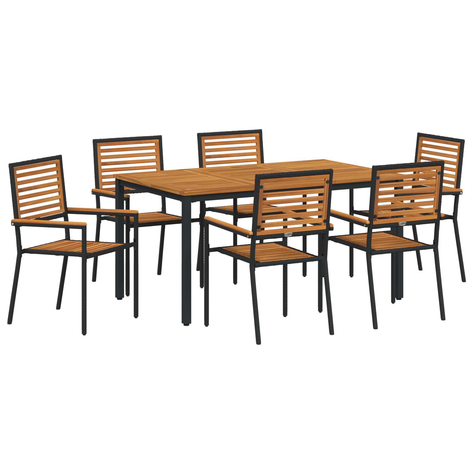 7-dijelni set za objedovanje u vrtu Crni poli ratan akacija, vidaXL Stacking vrtne stolice s jastucima 2 kom Crni poli ratan, vidaXL Vrtni stol 150x90x75 cm od čvrstog drva akacije i metala