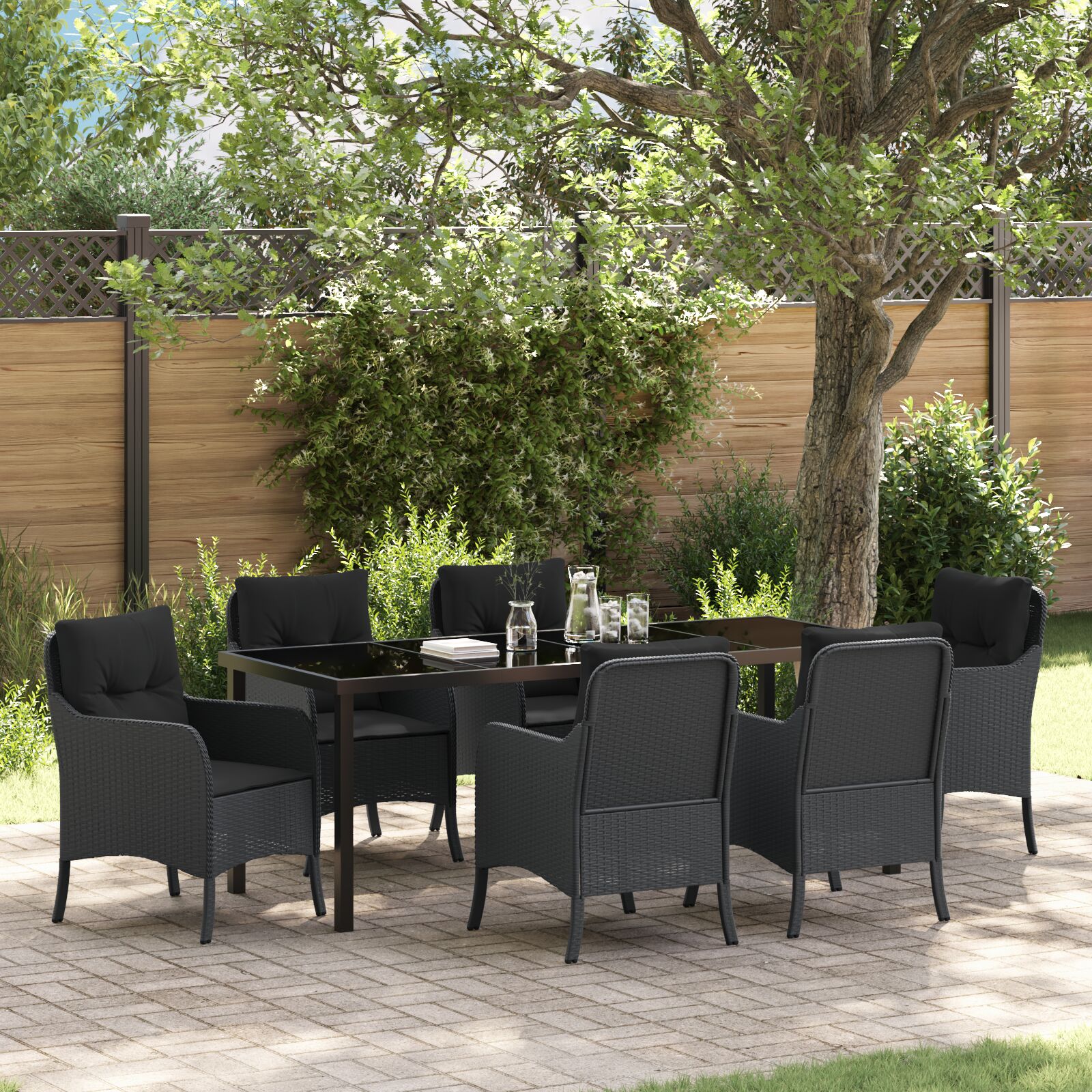Conjunto de Jantar de Jardim de 7 Peças com Almofadas Vime Preto
