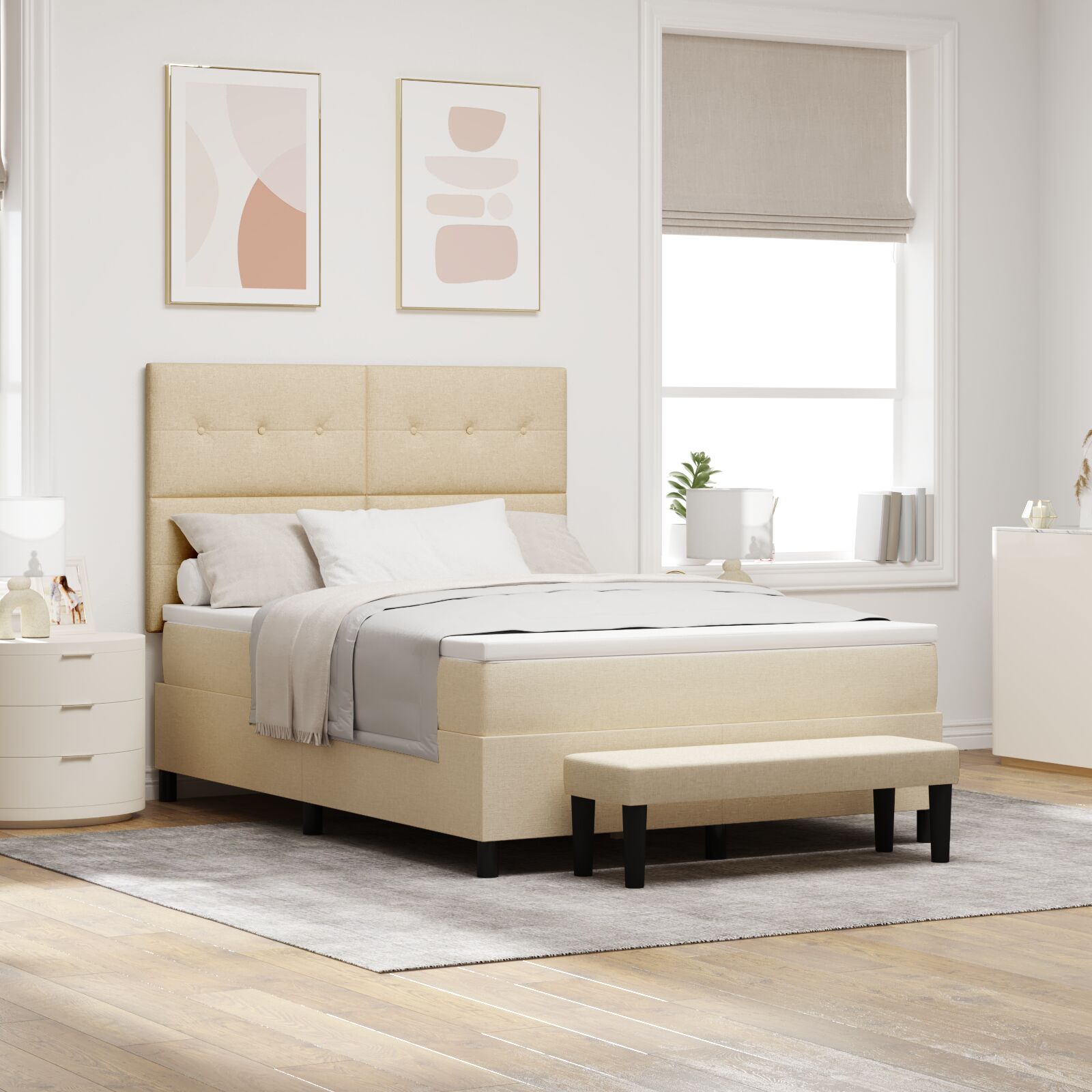 Box Spring krevet s madracem i klupe boje kreme 140x200 cm Tkanina