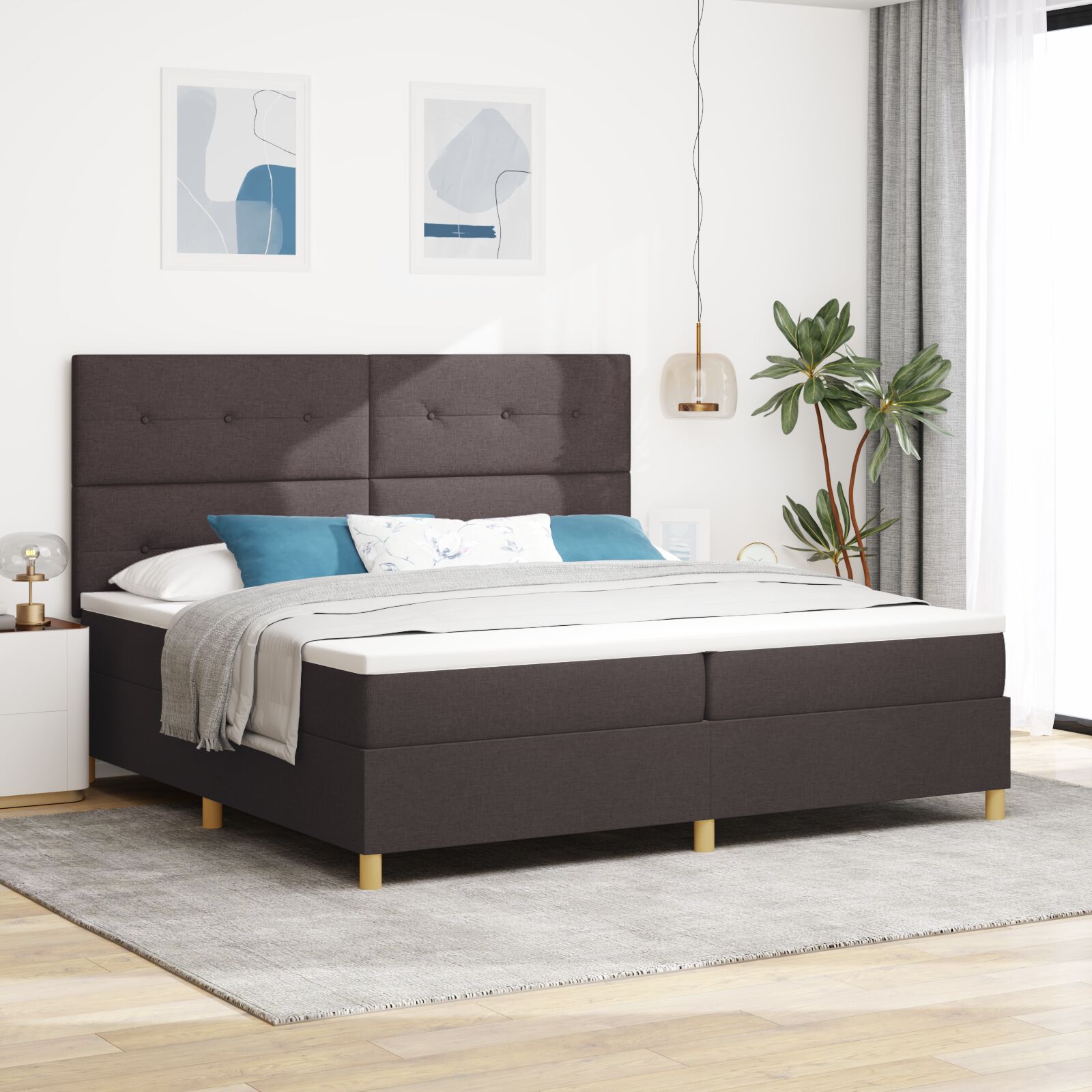 Box Spring Seng med Madras Mørkebrun 200x200 cm Stof