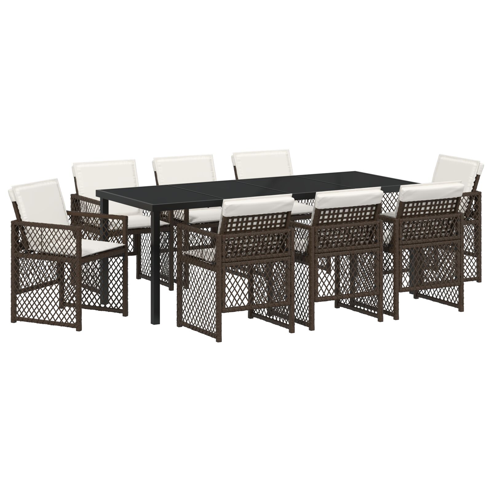 9-dijelni set za blagovanje na otvorenom s jastučićima smeđi poli ratan, vidaXL vrtni stol crn 200x80x73 cm staklo