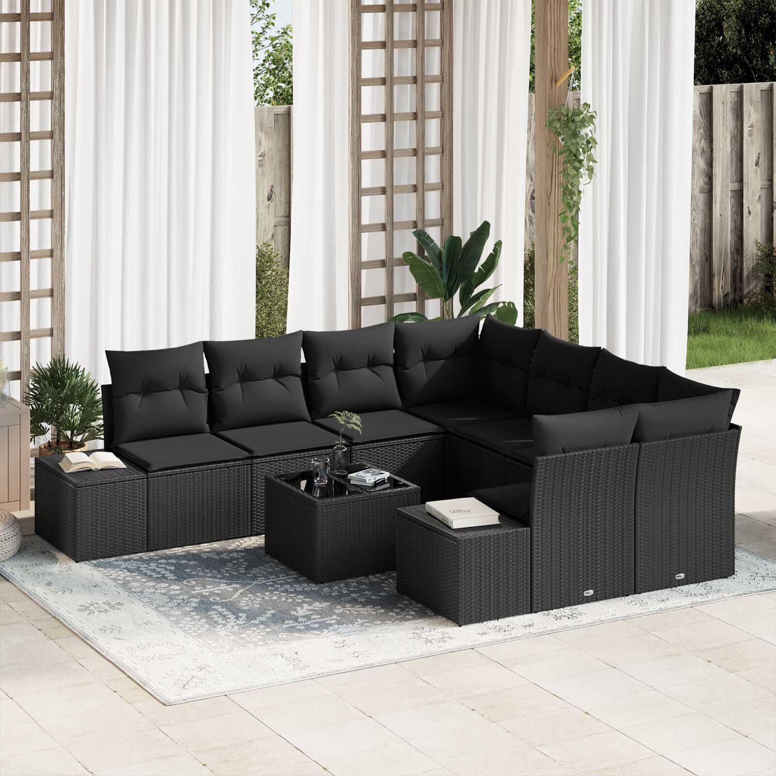 vidaXL vrtni sofaset Set od 9 Crna Ratan, čelik obložen prahom