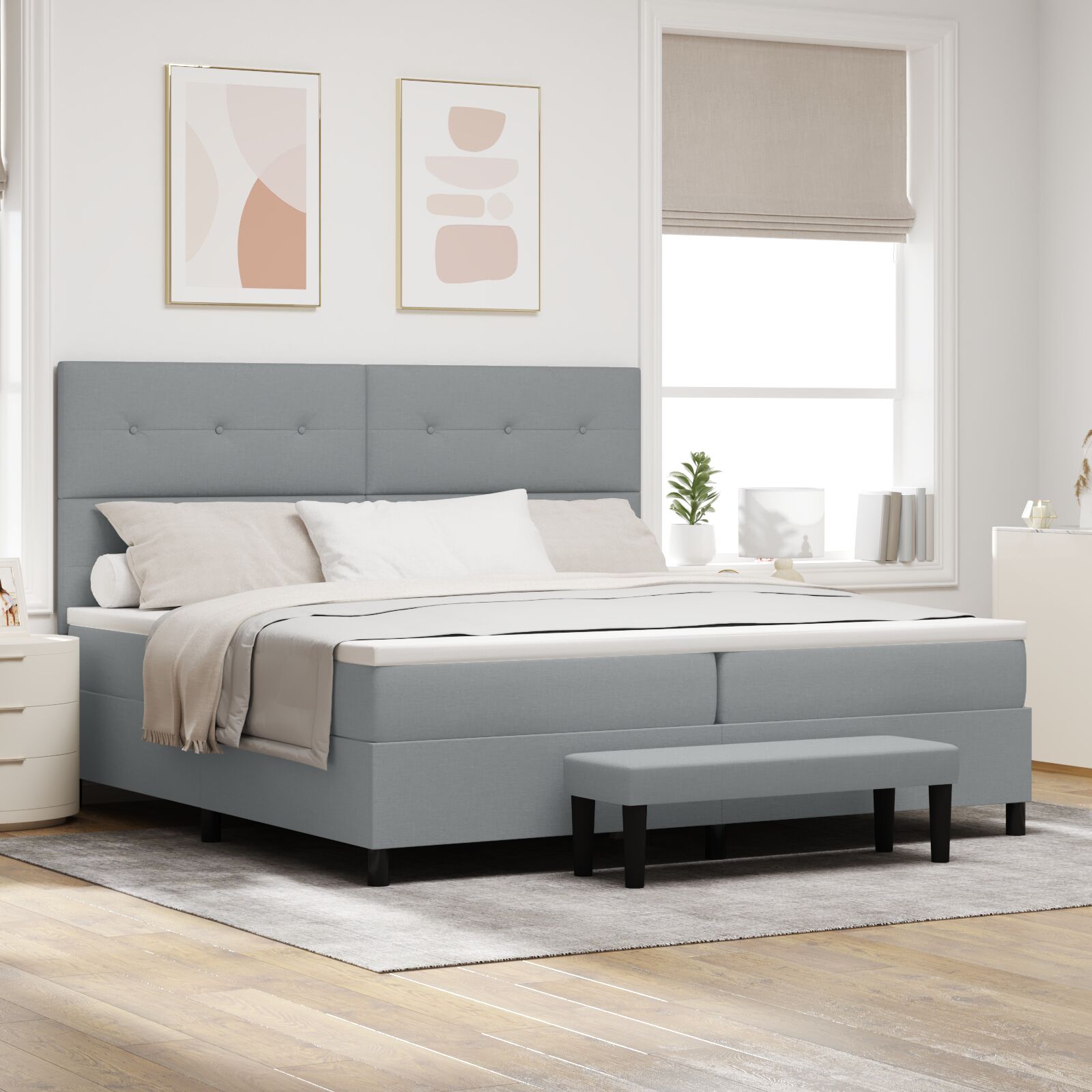 boxspring seng med madras & bænk lysegrå 200x200 cm stof