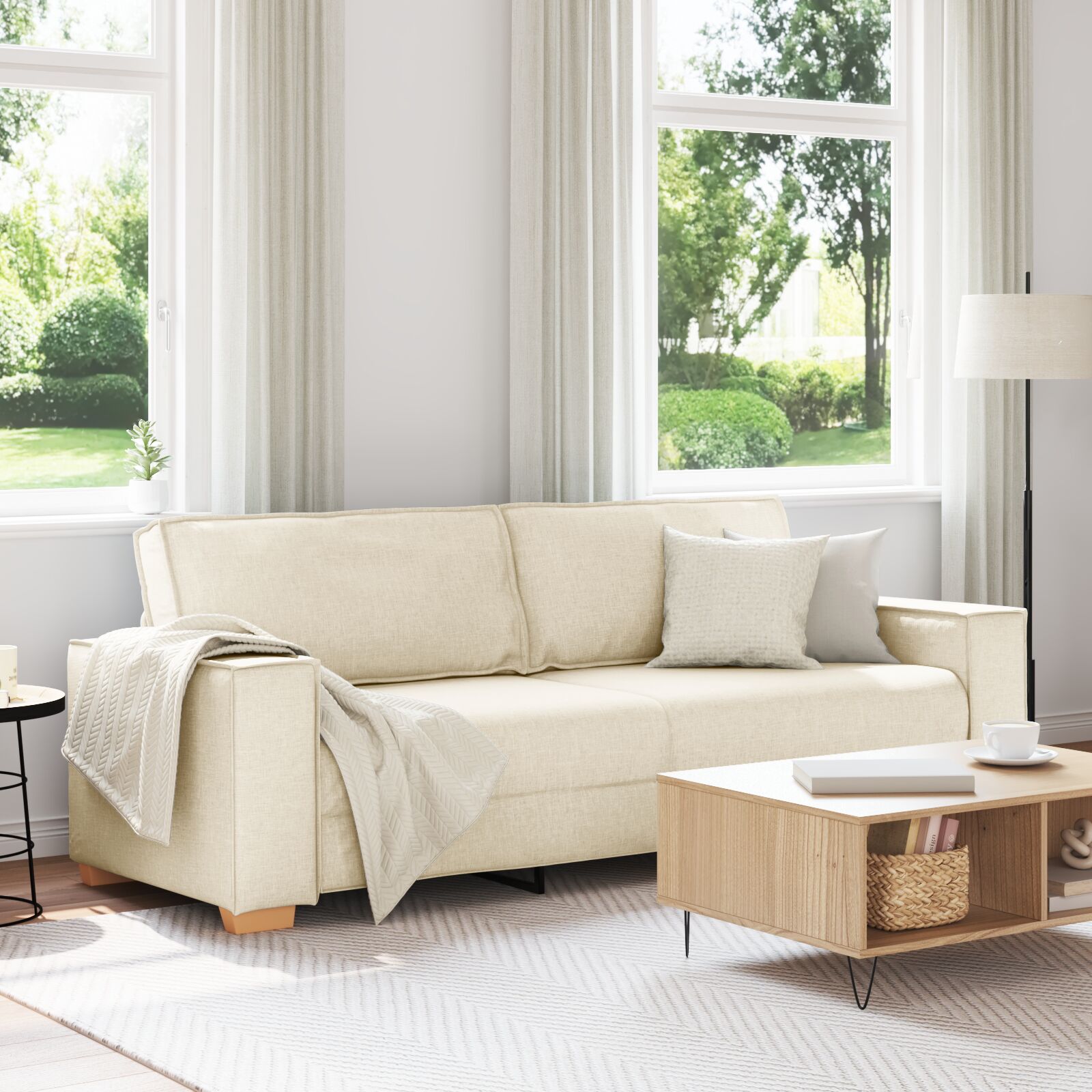 vidaXL Sofa Stuhl Leinen 59 cm Beige Stoff und Holz 3-Sitzer Sofa