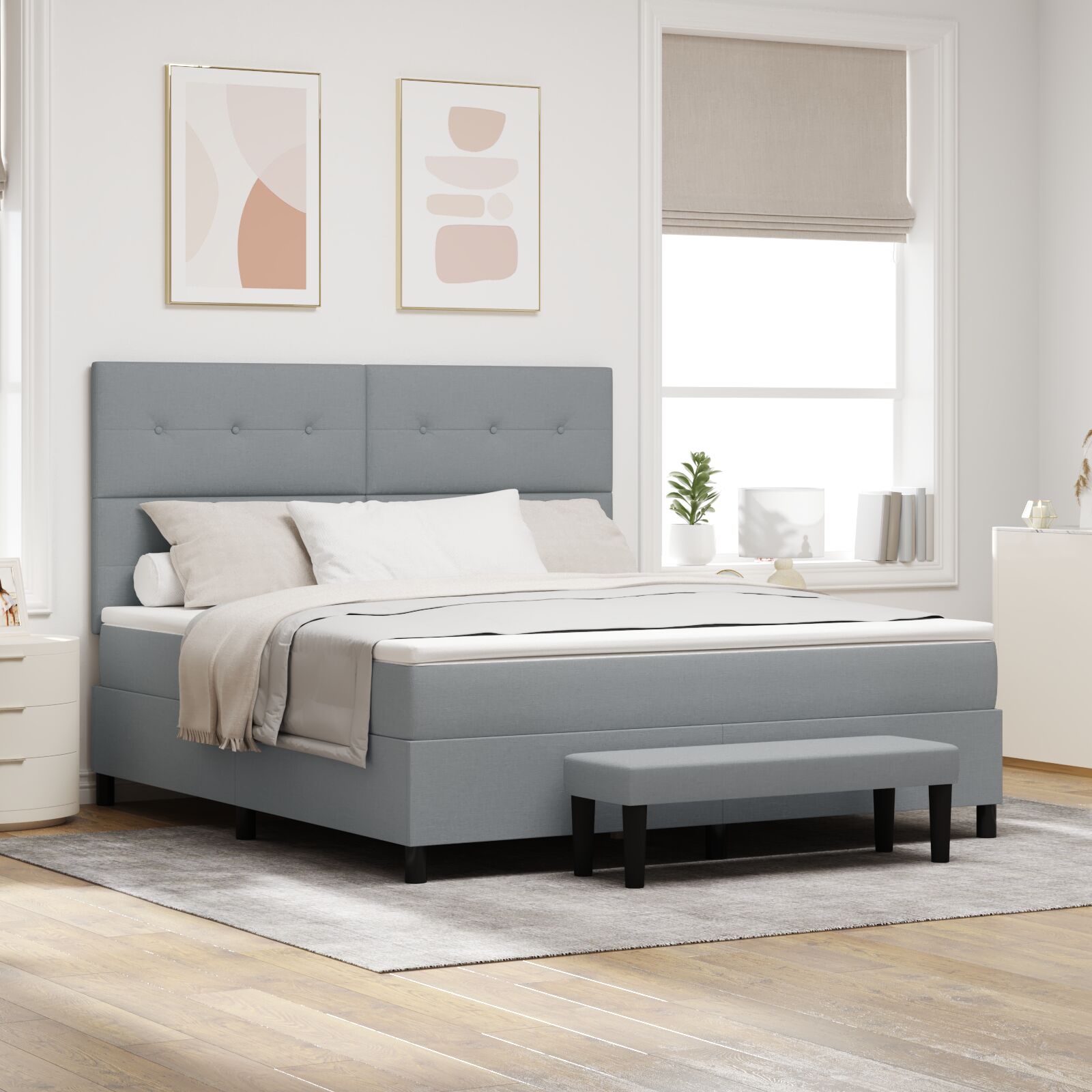 Box Spring Seng med Madras & Bænk Lysegrå 180x200 cm Stof