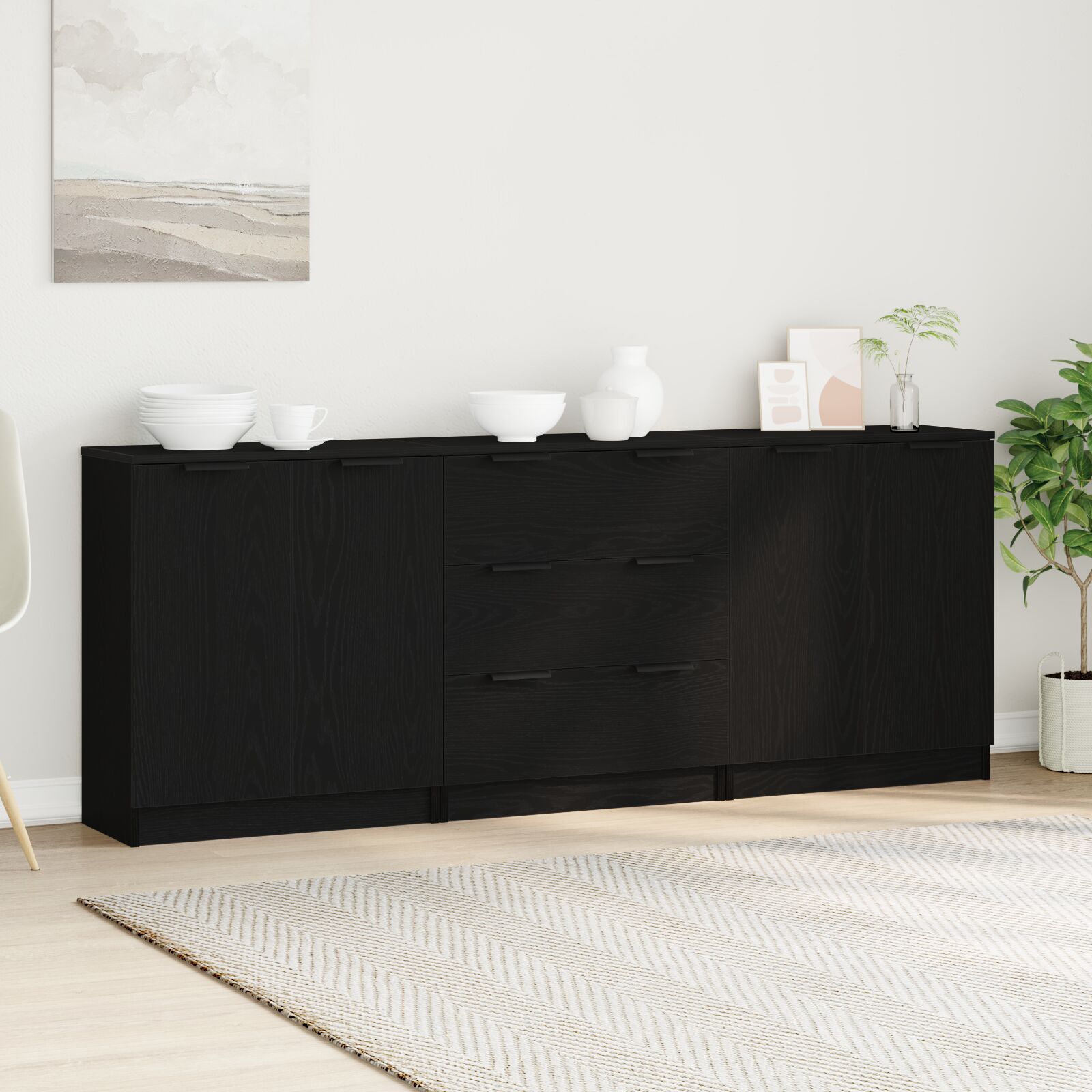 vidaXL Sideboard Set von 3 Schwarz Eiche MDF Mittel