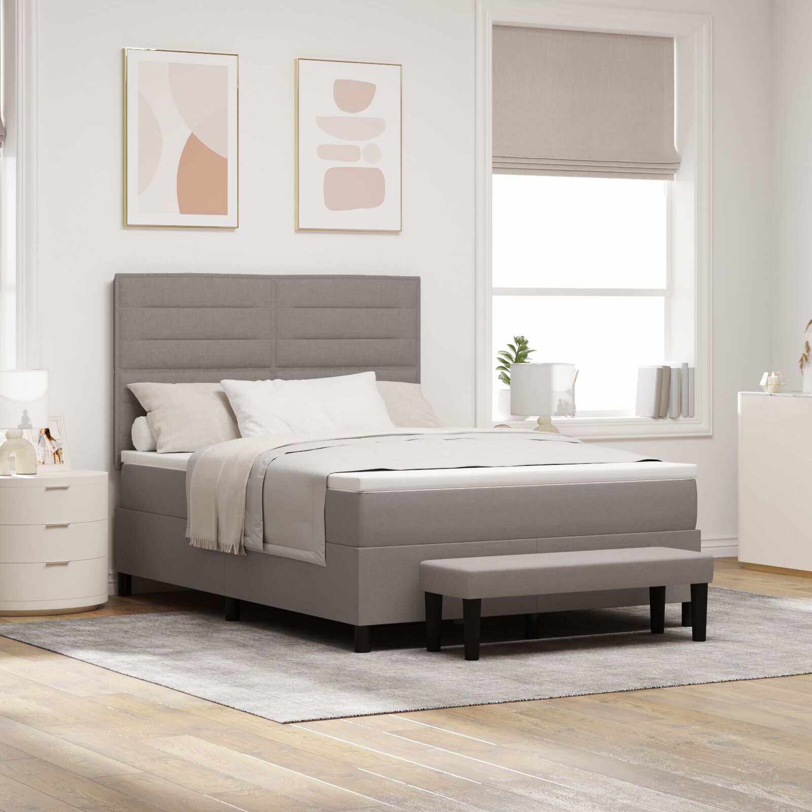 Boksmadras med madras & bænk taupe 140x190 cm stof