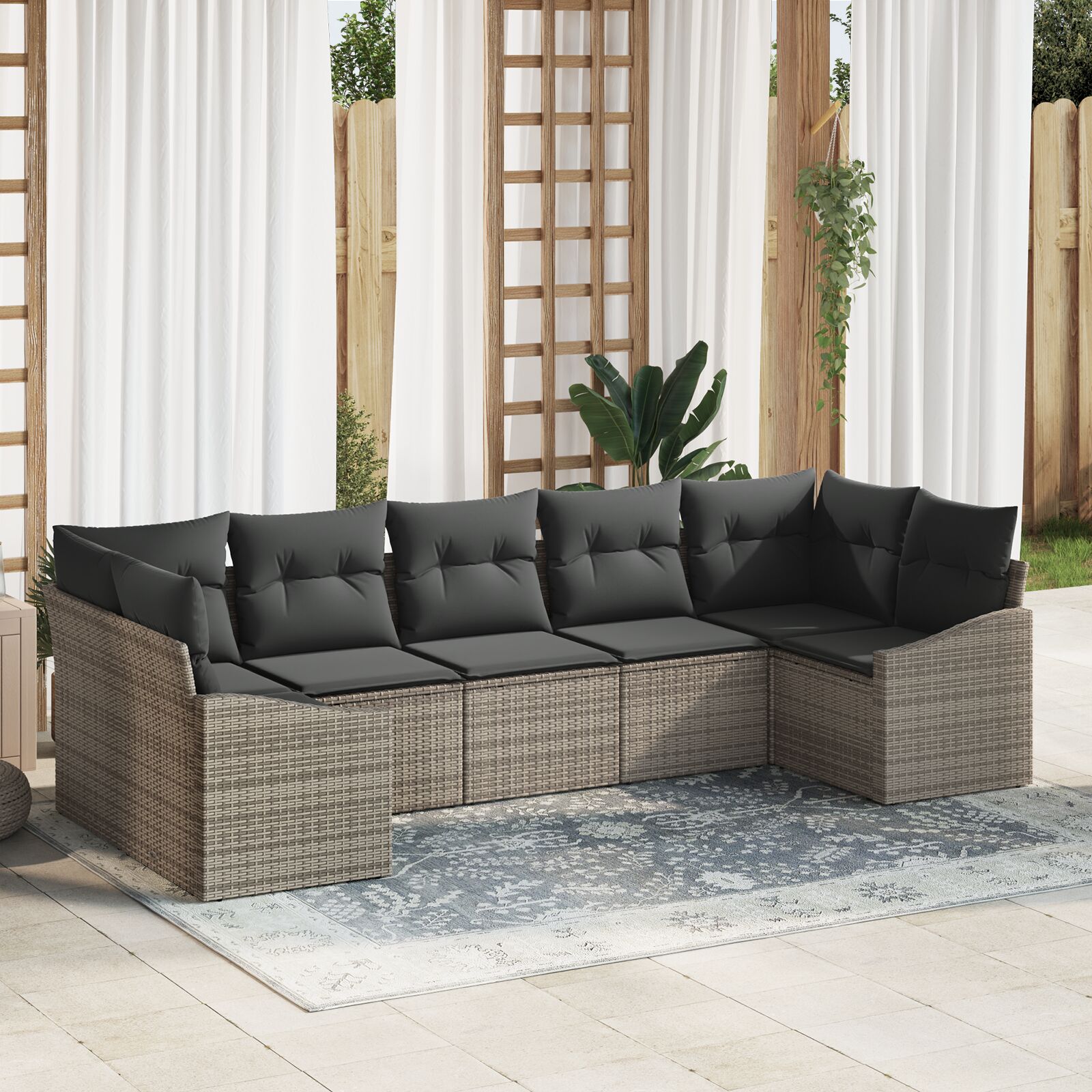 vidaXL 7-delige Tuin Eetset met Kussens Grijs Poly Rattan