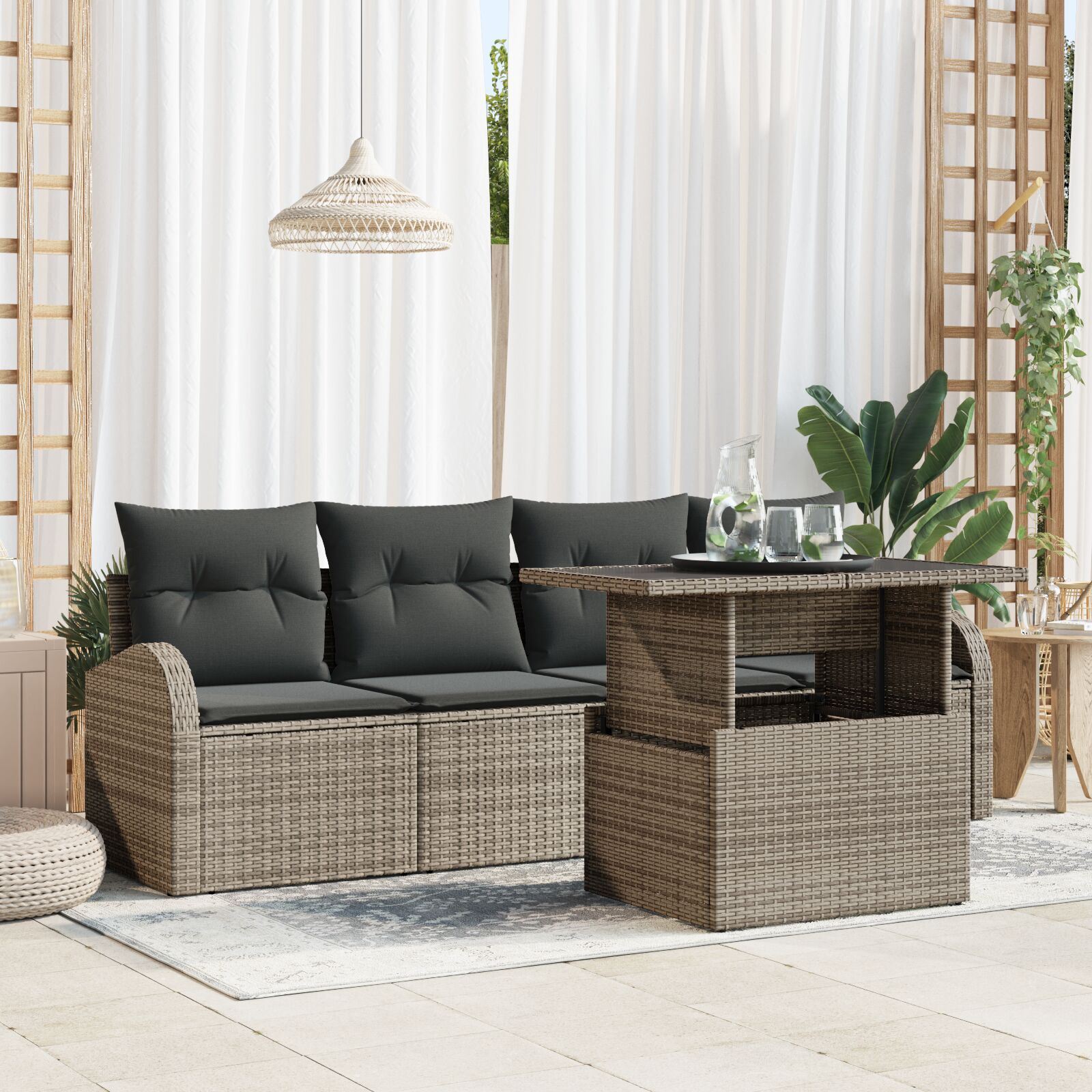 vidaXL Garten-Sofa-Set 5-teilig Grau Rattan, Polyester Gartentisch
