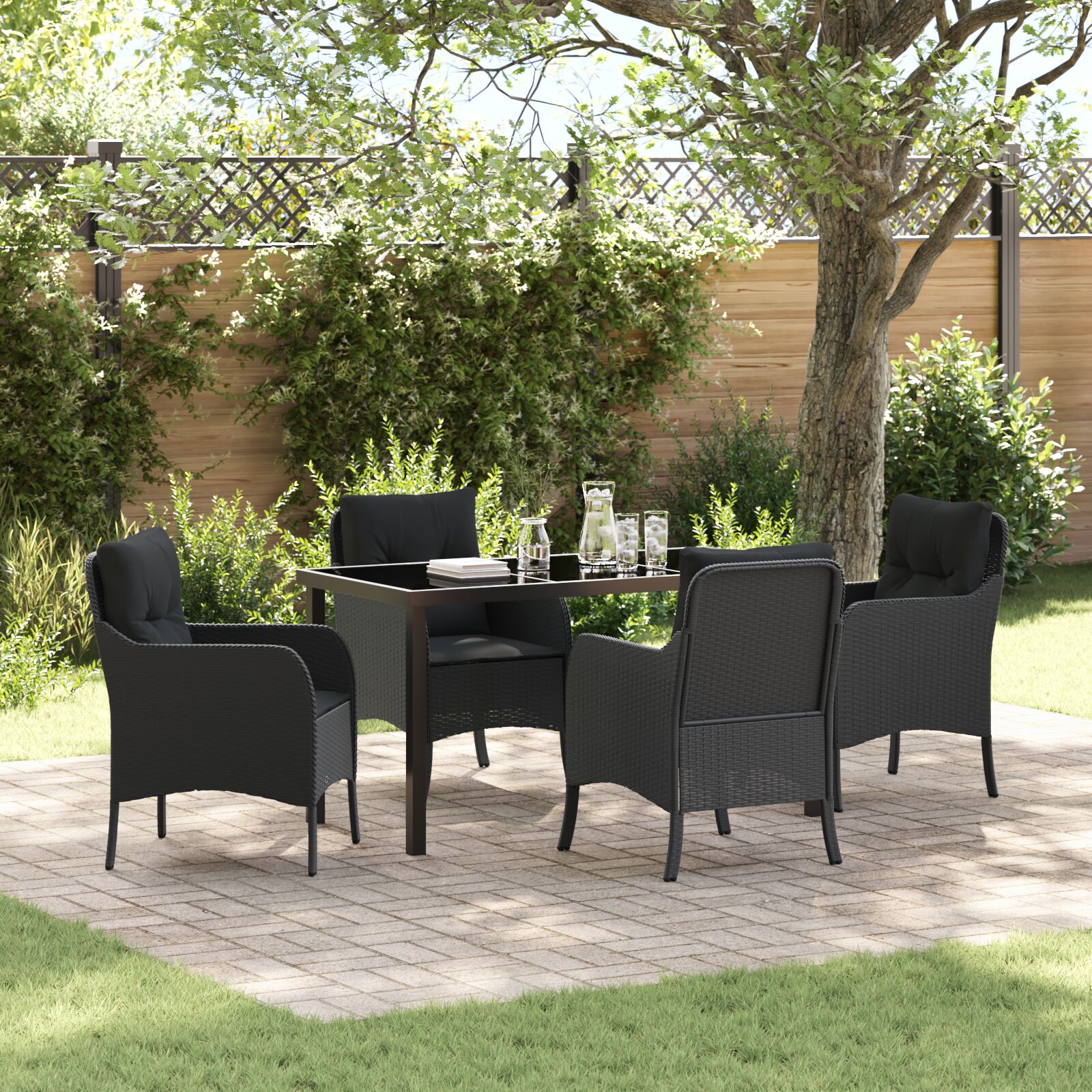 Conjunto de Jantar para Jardim  de 5 Peças com Almofadas Pretas de Rattan Poliéster