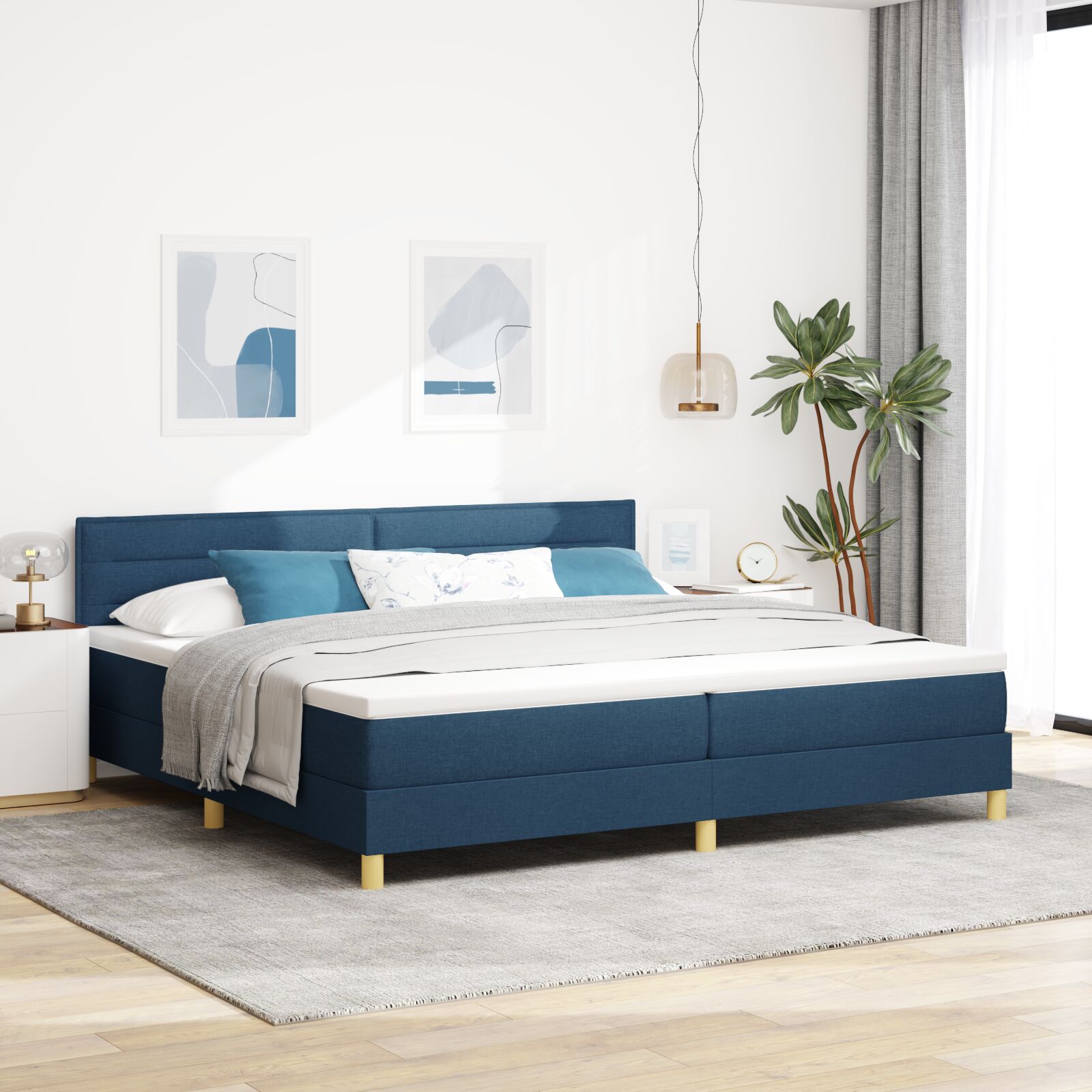 Box Spring Seng med Madras Blå 200x200 cm Stof