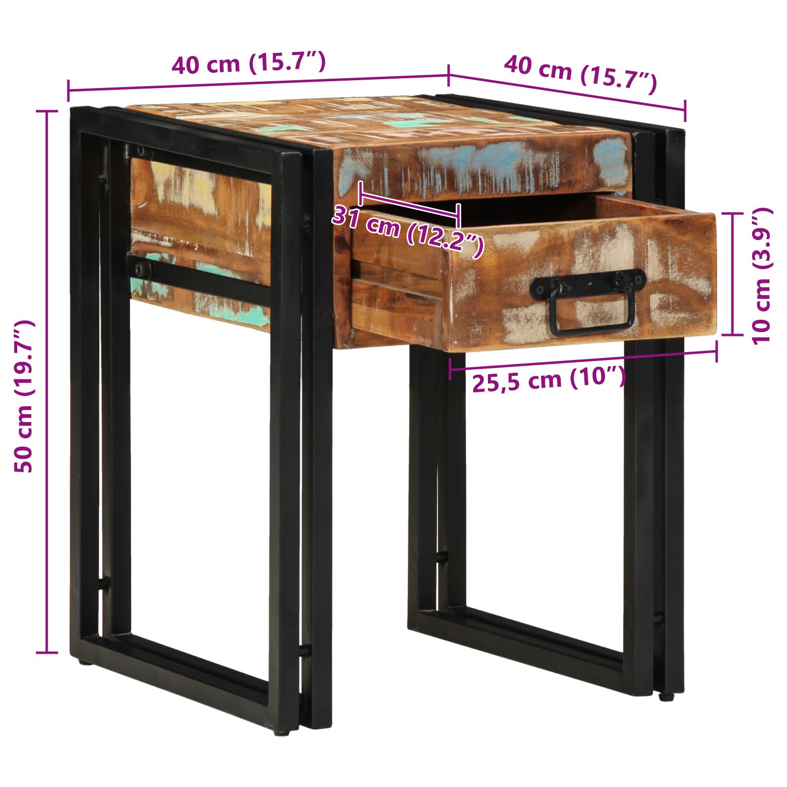 Végasztal Fiókkal Fekete 40x40x50 cm Tömör Újrahasznosított Fa 