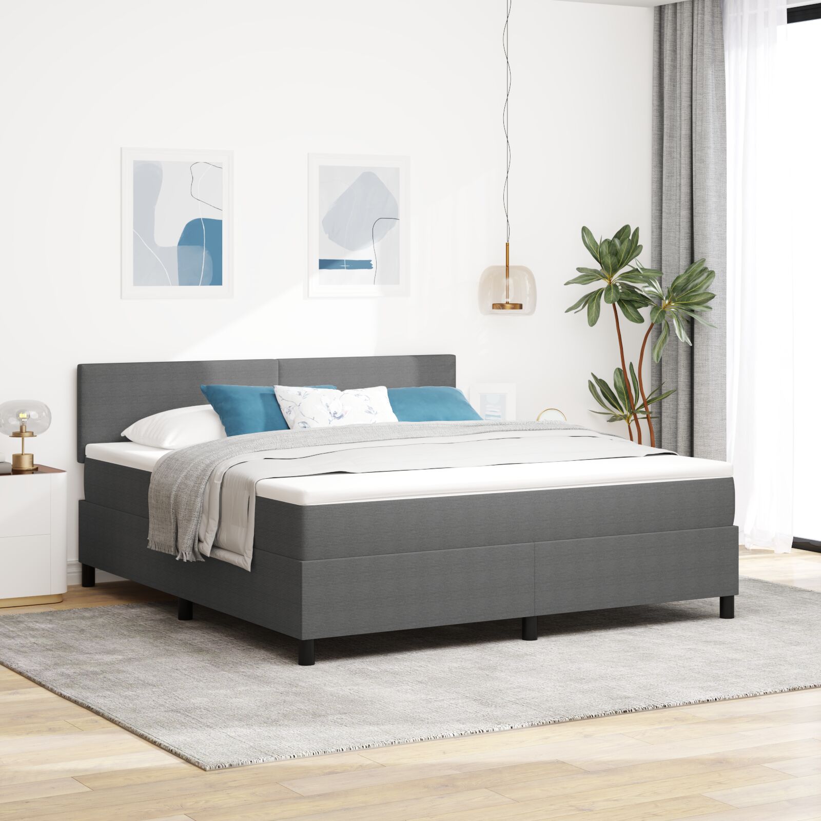 Box Spring Seng med Madras Lys Grå Corduroy Stof