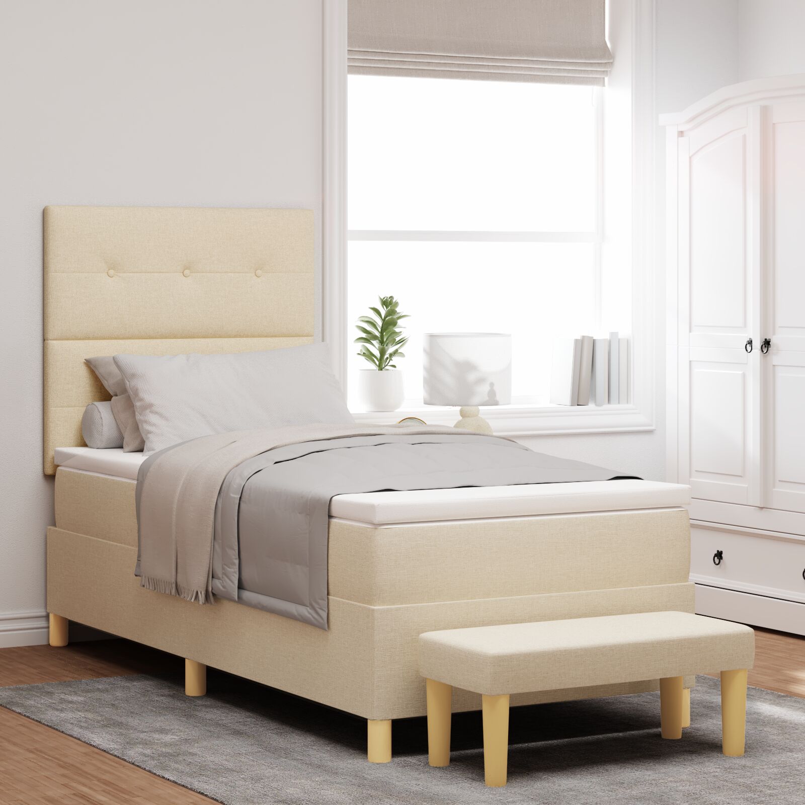Boxspringbett mit Matratze & Bank Creme 100x200 cm Stoff
