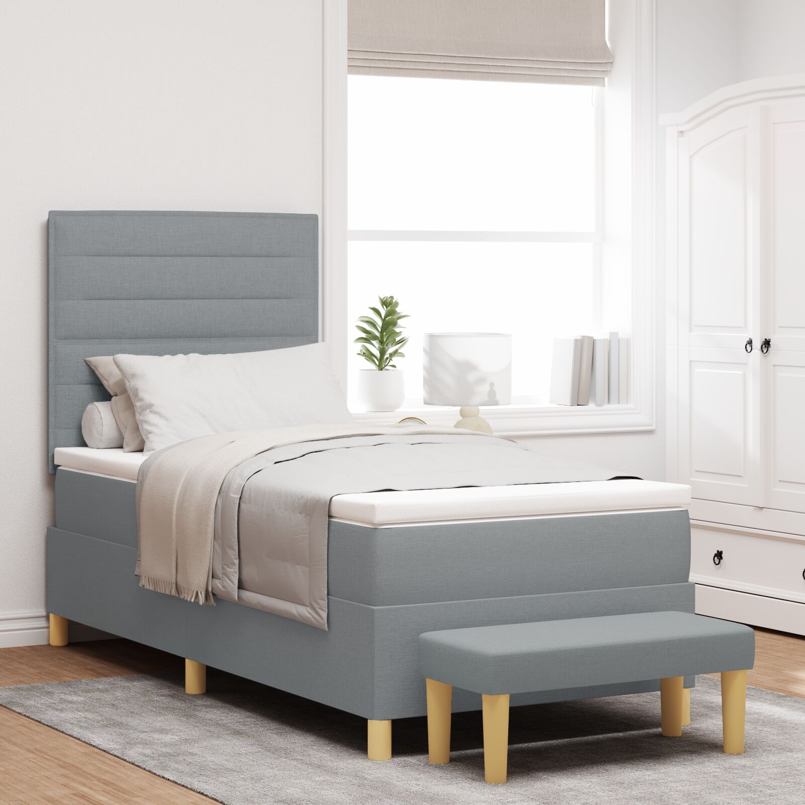 Box Spring Seng med Madras & Bænk Lysegrå 90x200 cm Stof
