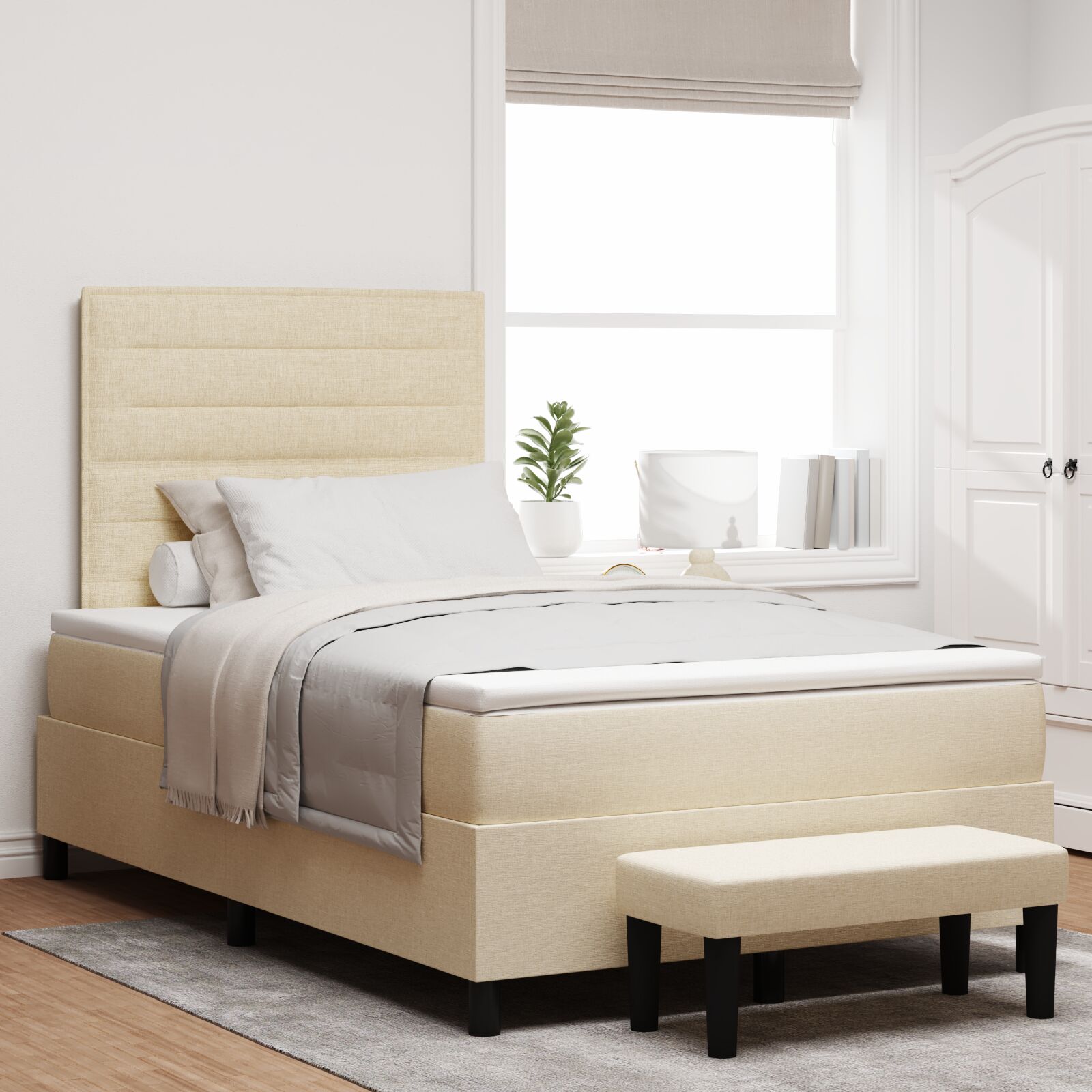 Box Spring Seng med Madras & Bænk Creme 120x200 cm Stof