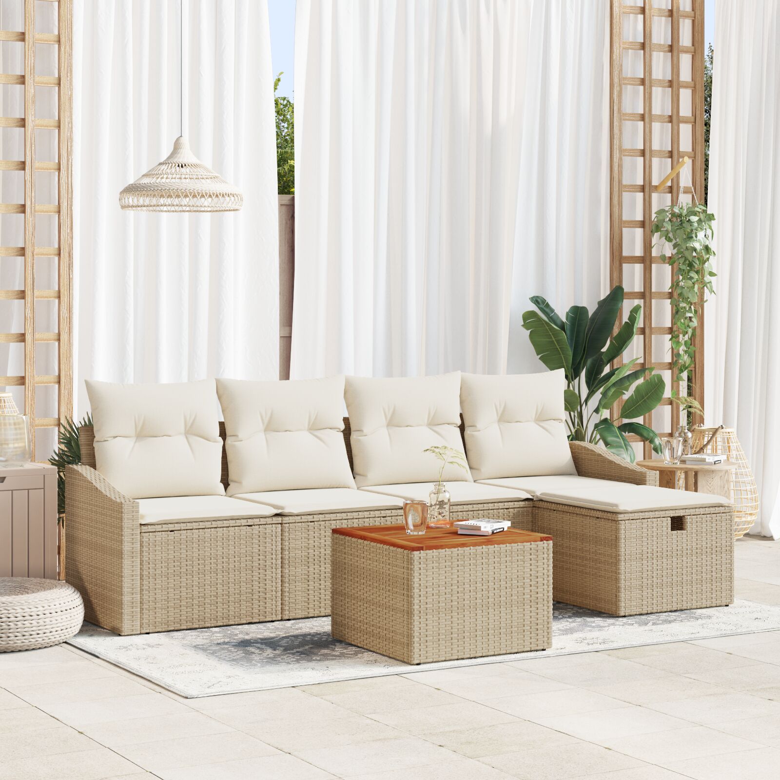 vidaXL Garten-Sofa-Set 6 Teile Beige, Weiß Rattan Outdoor Sofa