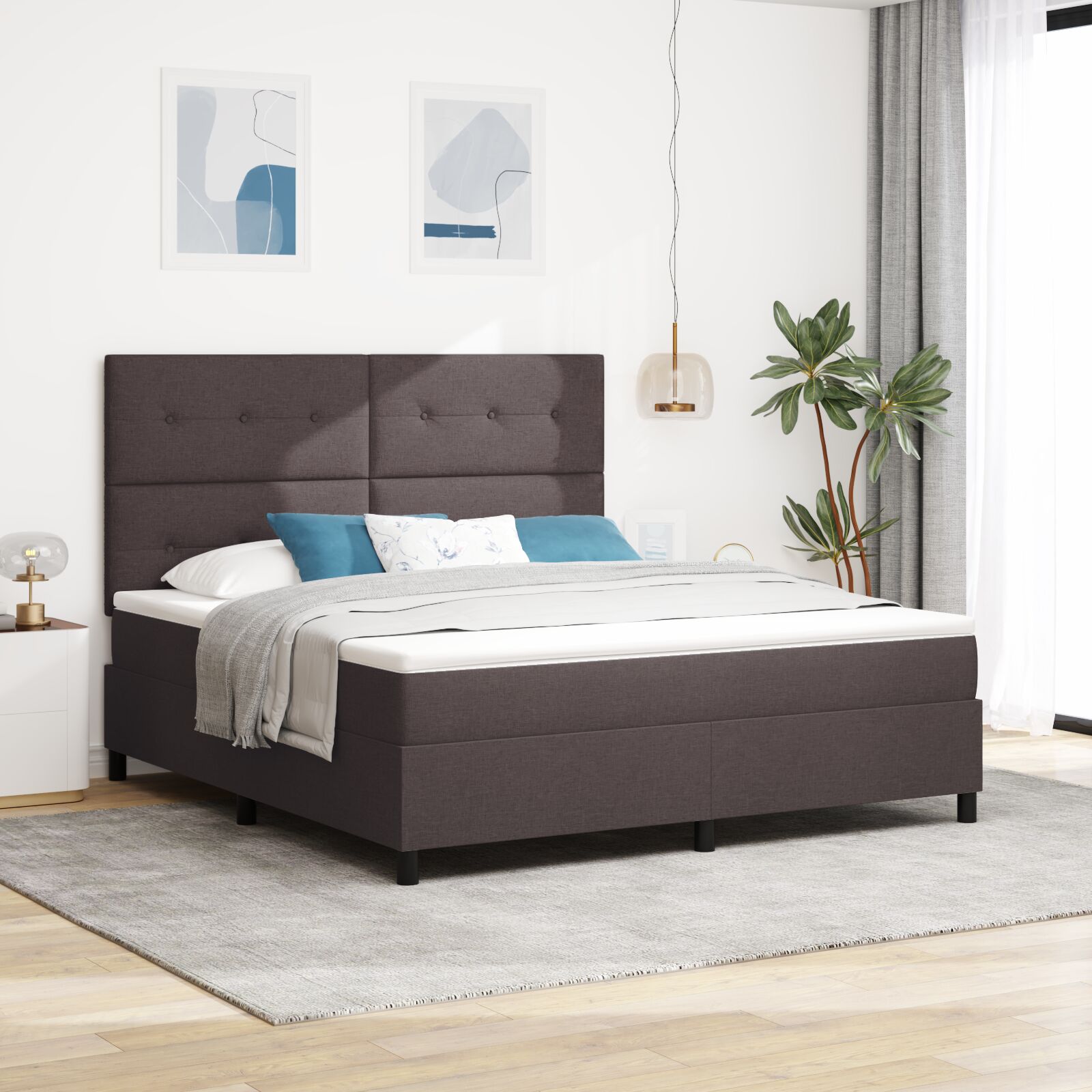 Box Spring Seng med Madras Mørkebrun Super King Stof